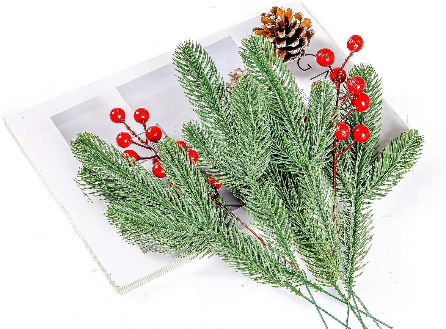 50 Pcs Artificial Pine Branches Christmas Pine Needles Green Plants Fake Greenery Pine Picks Christmas Decorations for DIY Garland Wreath Xmas Embellishing and Home Garden Decoration