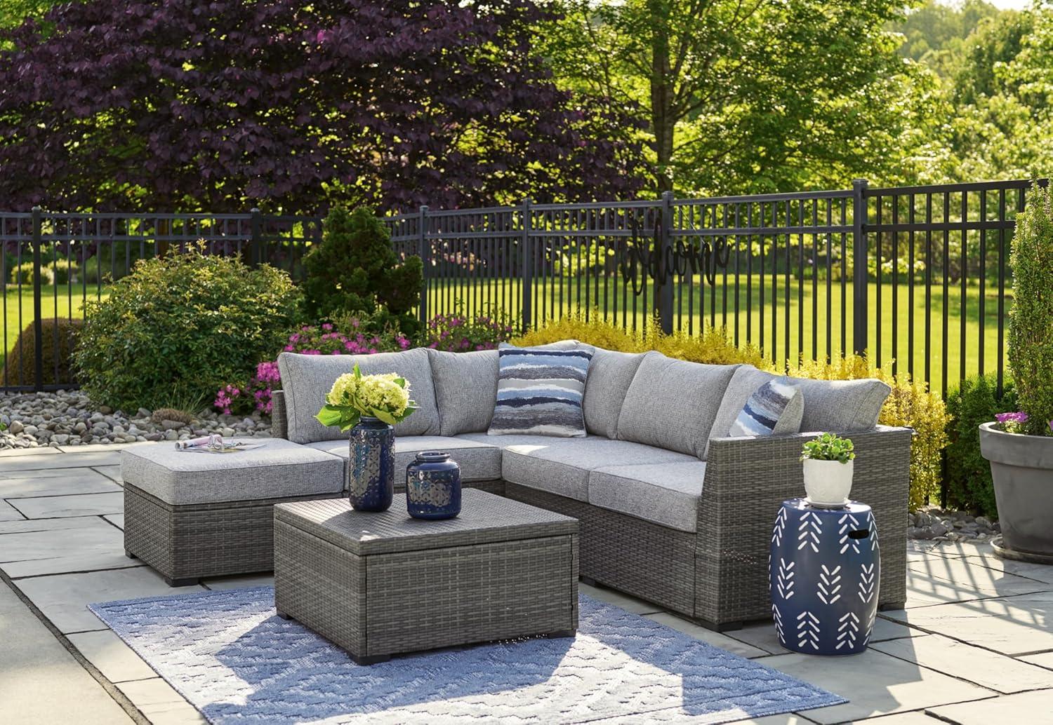 Ashley Furniture Petal Road Gray Outdoor Sectional/Ottoman/Table Set - Set of 4