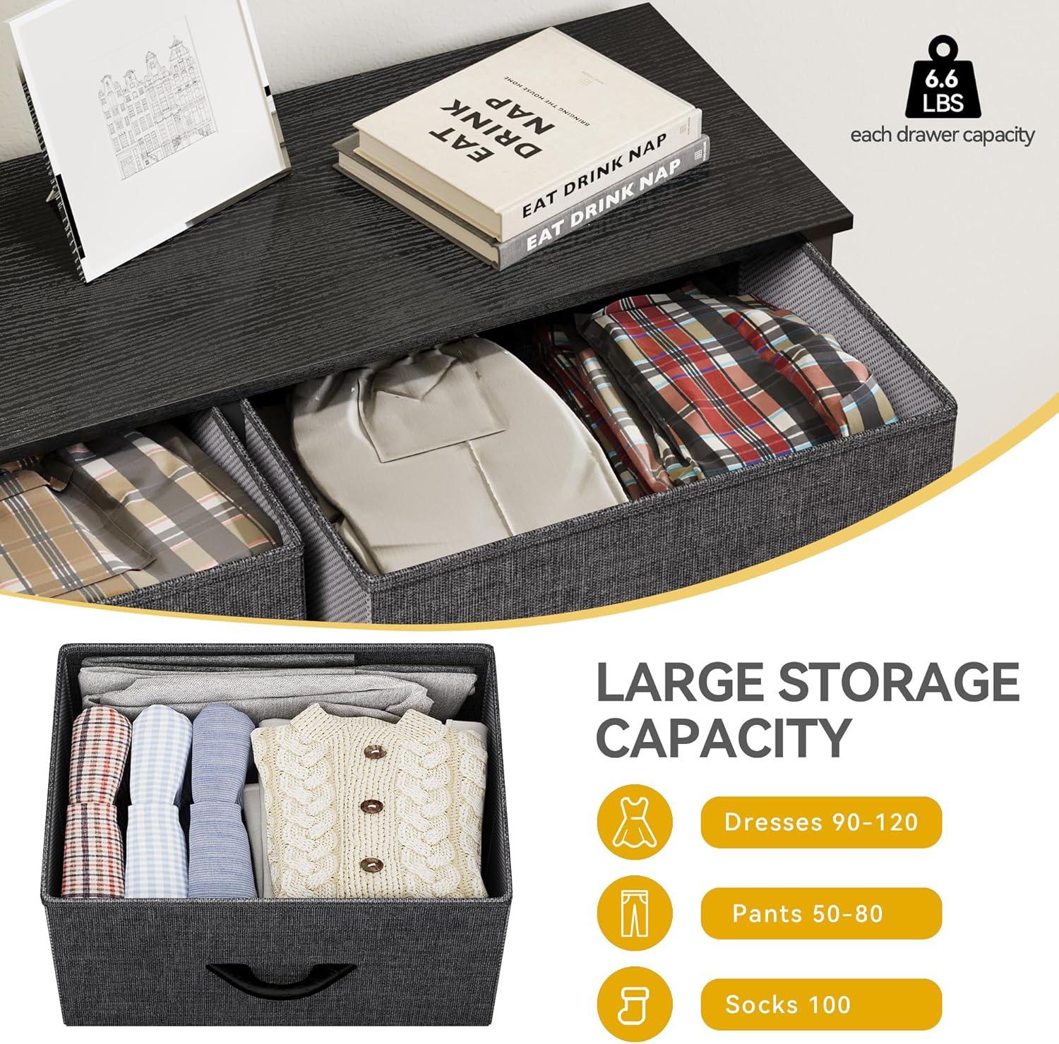 EDX 5 Drawer Dresser, Wide Chest of Drawers Nightstand Storage Tower Storage Fabric Dresser with Wood Top for Living Room, Bedroom, Hallway,Black