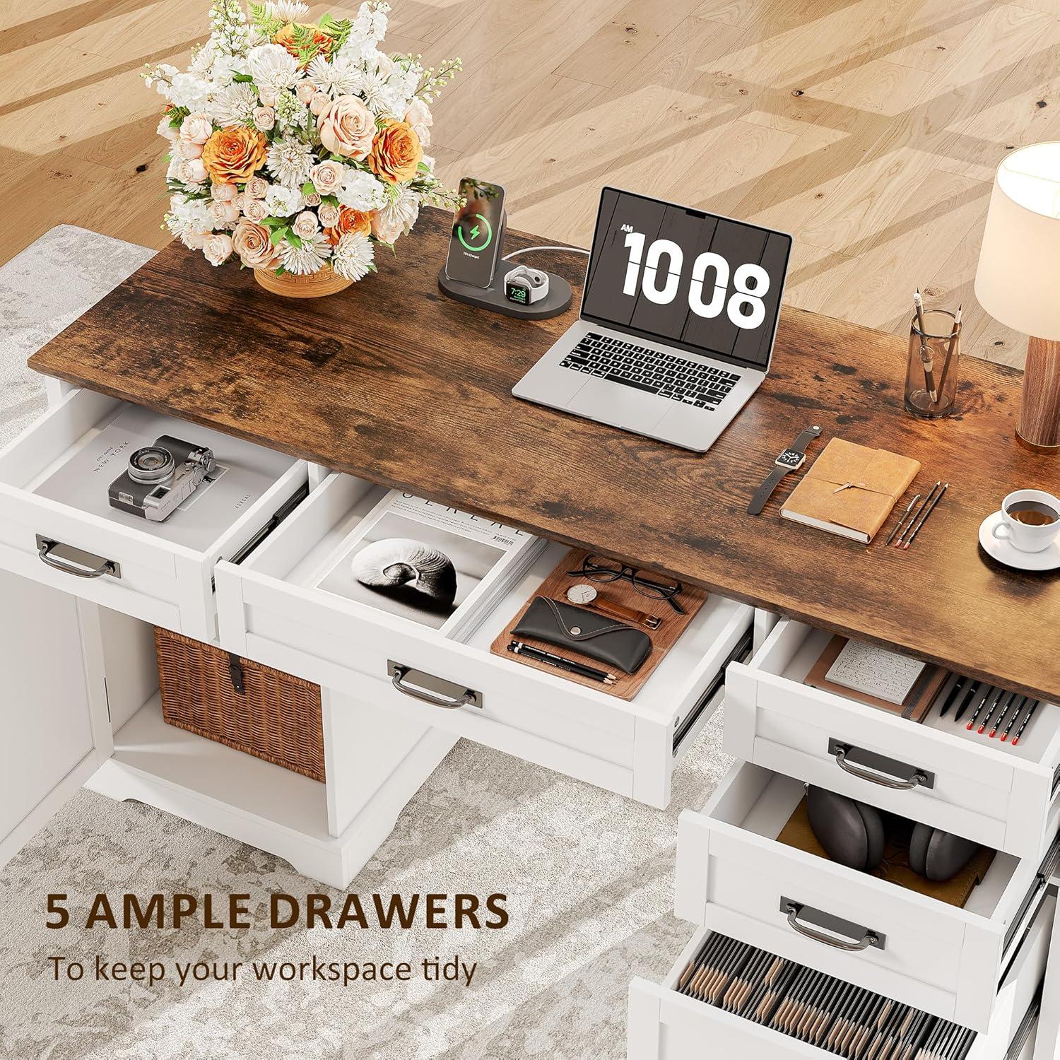 August Grove® 55'' Farmhouse Executive Desk with Drawers, File Cabinet and Power Outlets