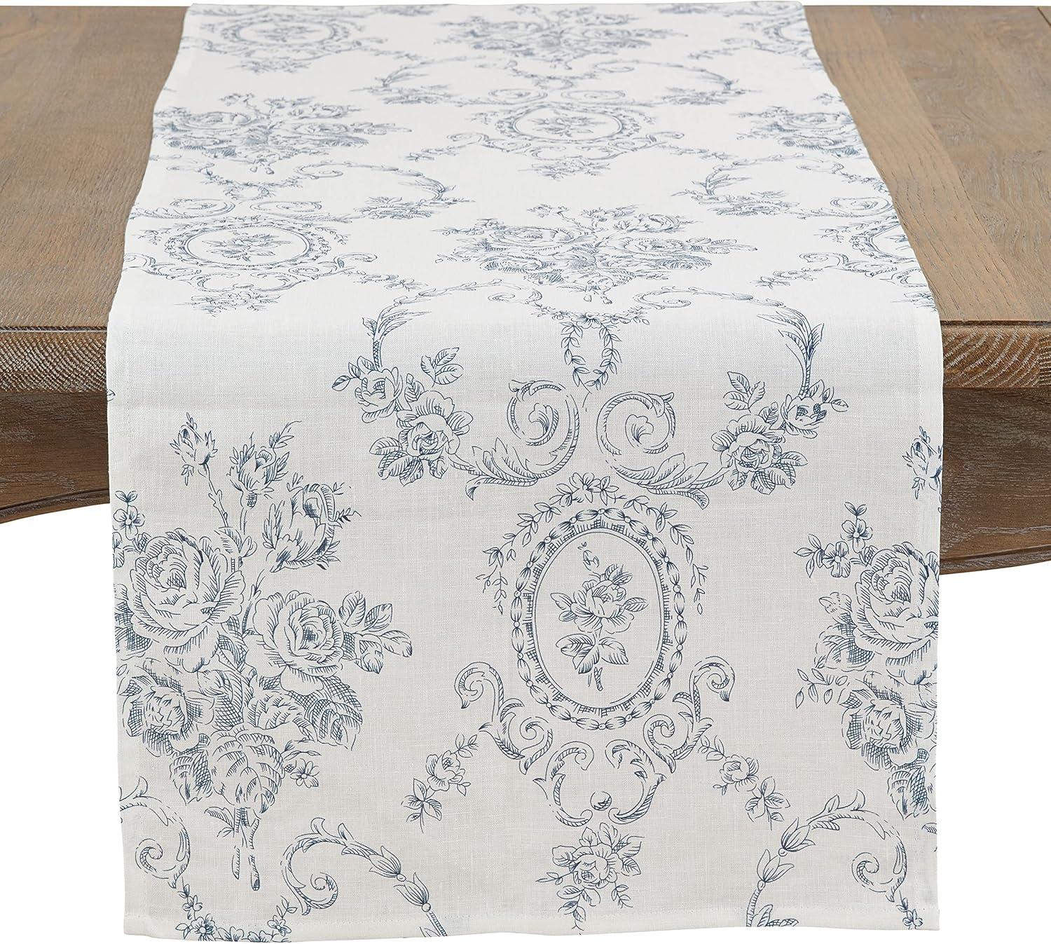 Indigo Floral Linen Table Runner with Toile Design