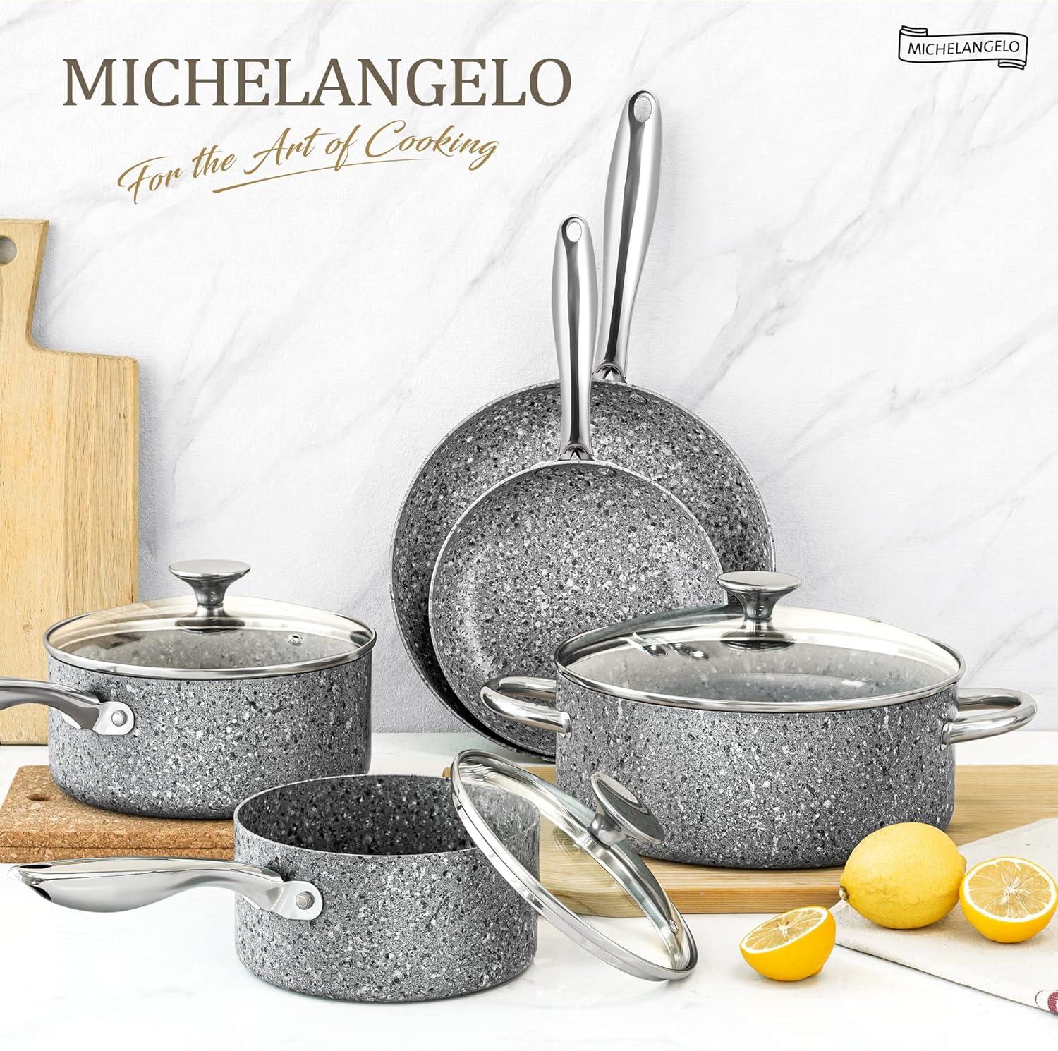 MICHELANGELO Pots and Pans Set 10 Piece, Cookware Set with Granite Coatings for Super Nonstick Result Essential Stone Cookware Sets with Utensil Set, Induction Compatible, PFOA Free