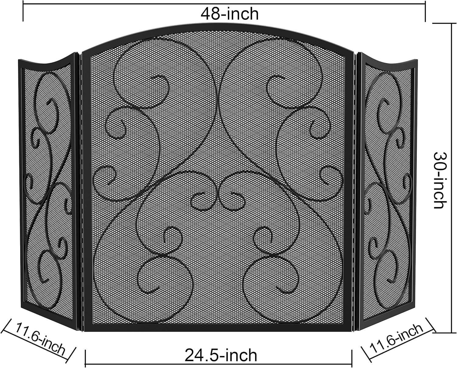 Classic Black Wrought Iron 3-Panel Fireplace Screen