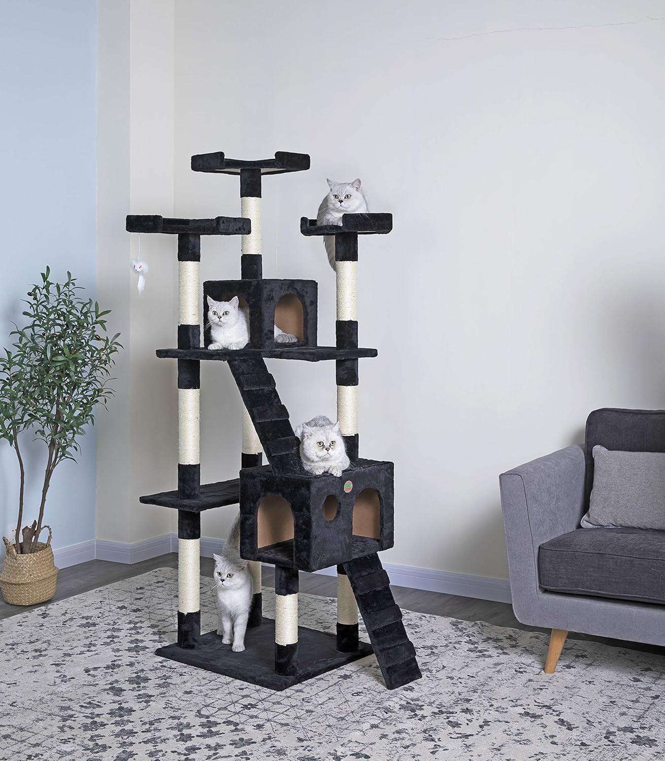 Black Freestanding Sisal Cat Tree Tower with Condos