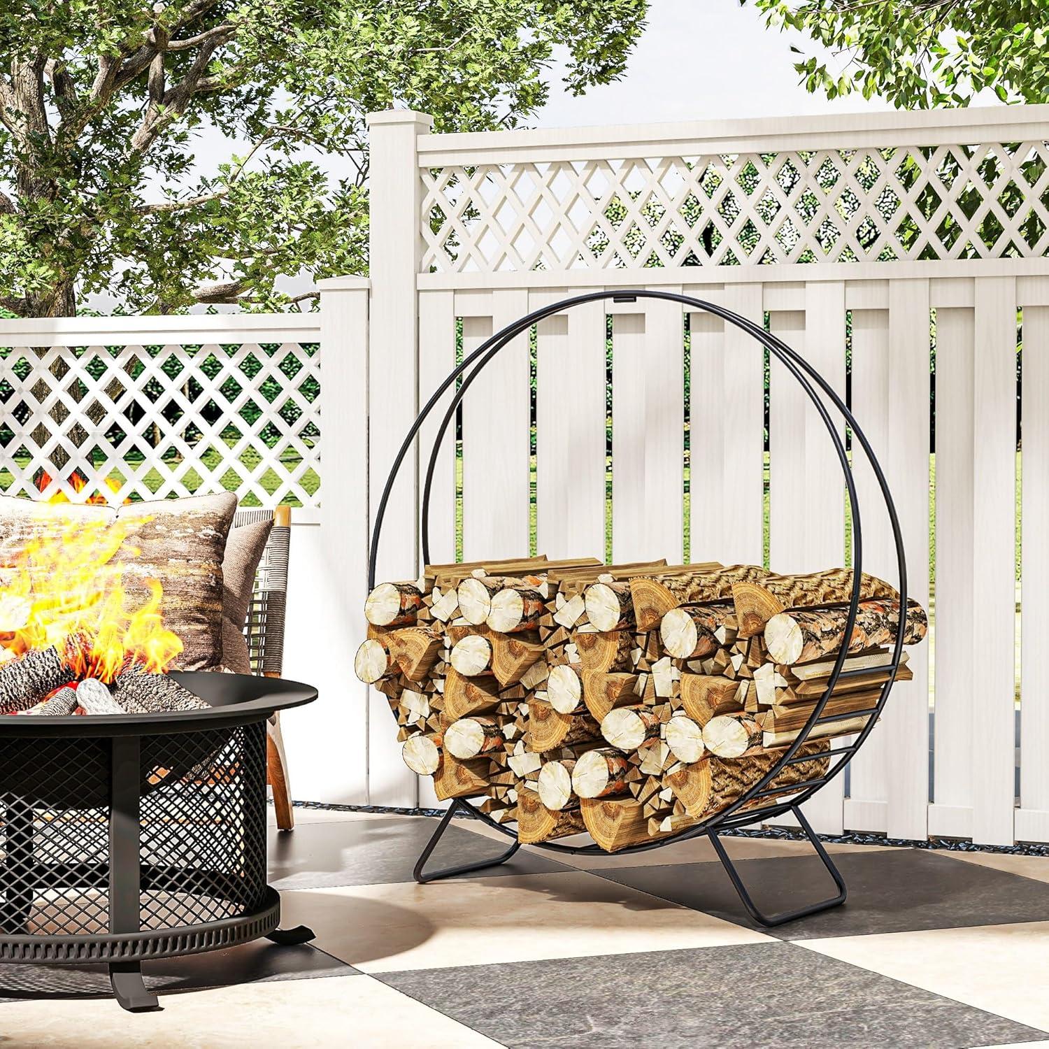 Outsunny 40 Inch Firewood Rack Outdoor Indoor with Zipper Cover, Waterproof Firewood Holder, Heavy Duty Log Holder, Wood Storage Hoop for Fireplace, Firepit, Black