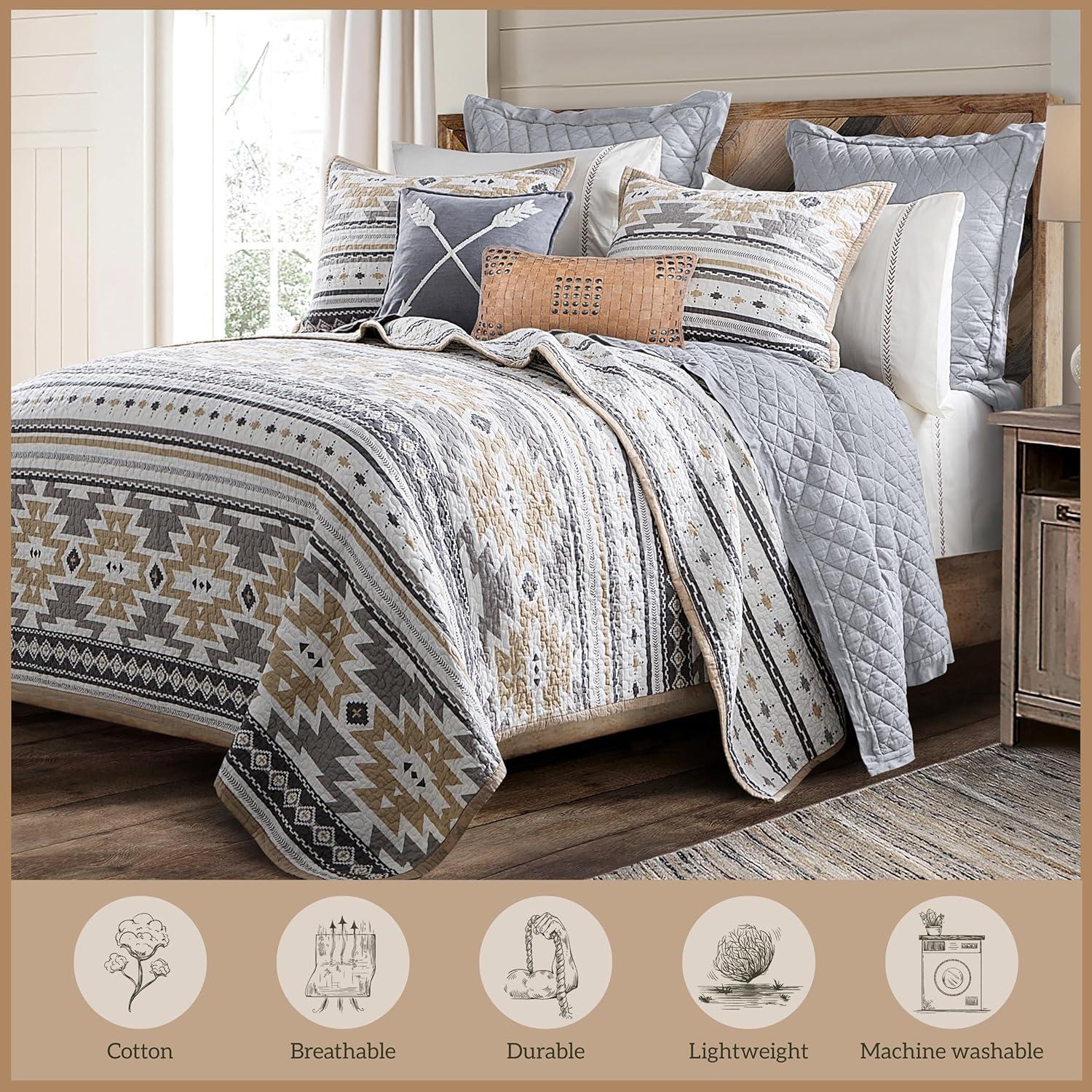 Paseo Road by HiEnd Accents Desert Sage Gray/Tan/White Aztec Print Cotton Southwestern Style Reversible Quilt Set