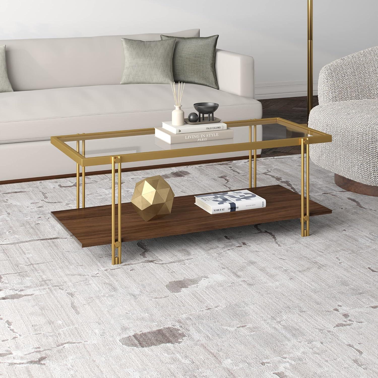 Brass & Walnut Rectangular Coffee Table with Glass Top & Storage Shelf