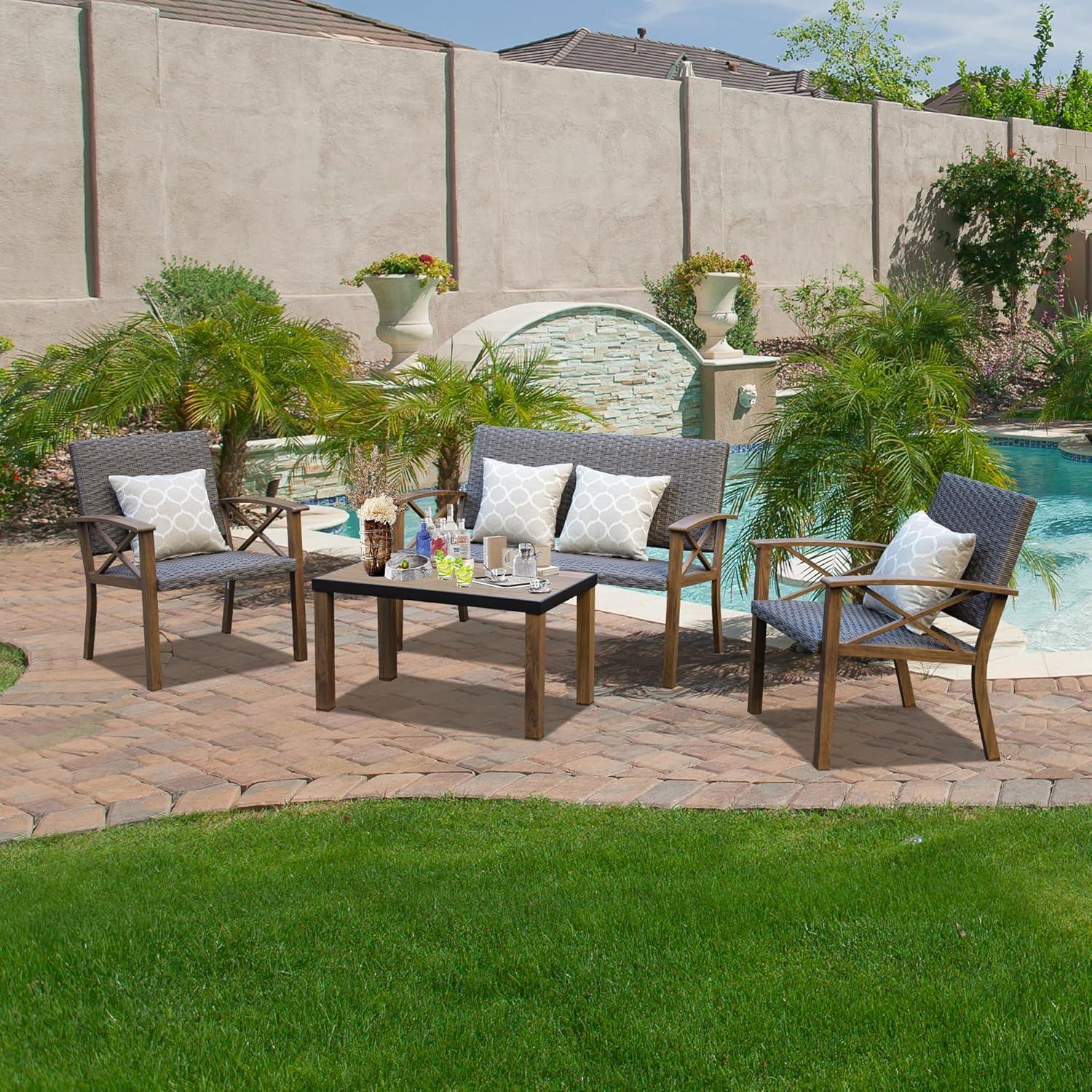 Domi Aluminum Patio Furniture Set, 4-Piece Modern Conversation Set with Cotton Padding Backrests and Seats, Outdoor Sectional Metal Sofa Set with 5.5 Inch Cushion and Coffee Table for Balcony, Garden