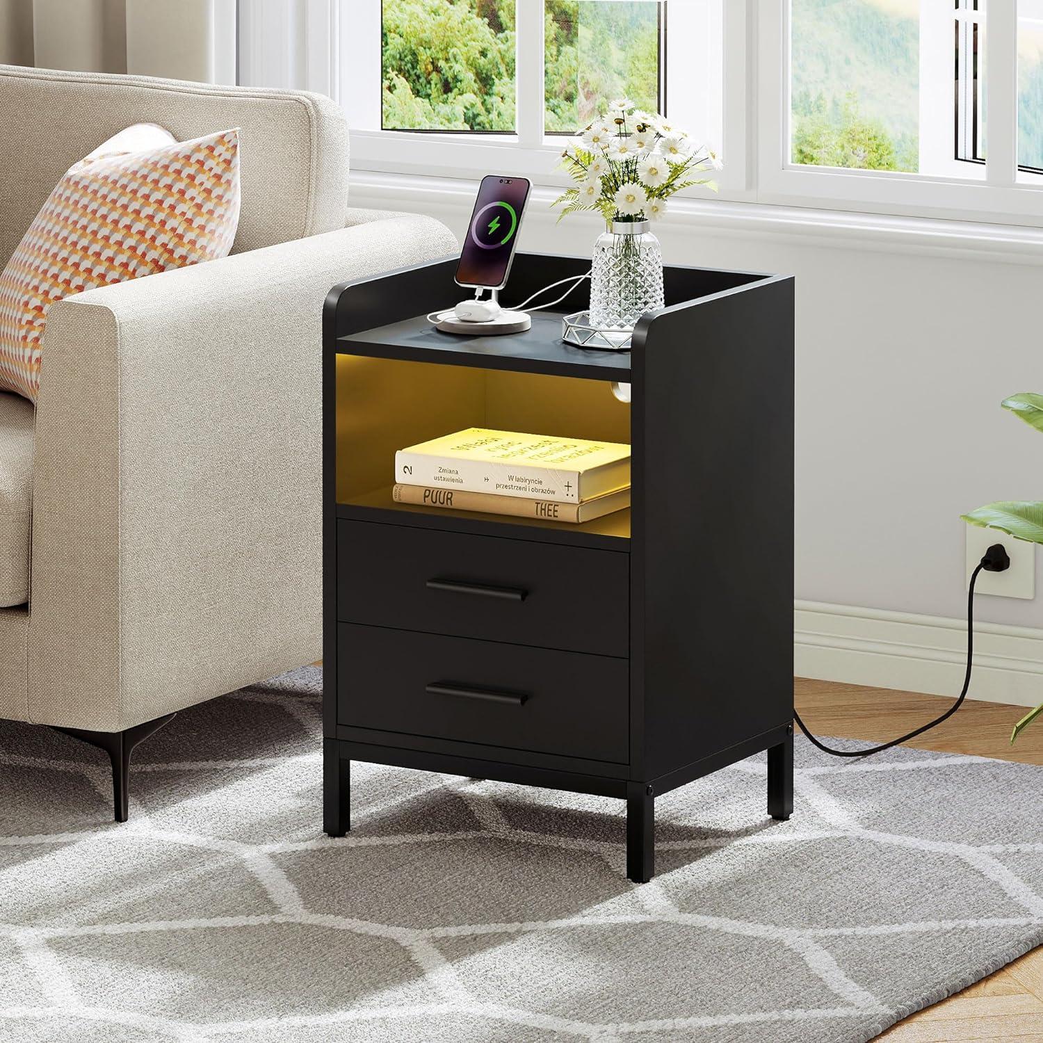 LED Nightstand with Charging Station, Side Table with USB Ports and Outlets, End Table for Small Spaces, Black Bedside Tables with Fabric-Wood 2-in-1 Drawer for Bedroom, Living Room, Office