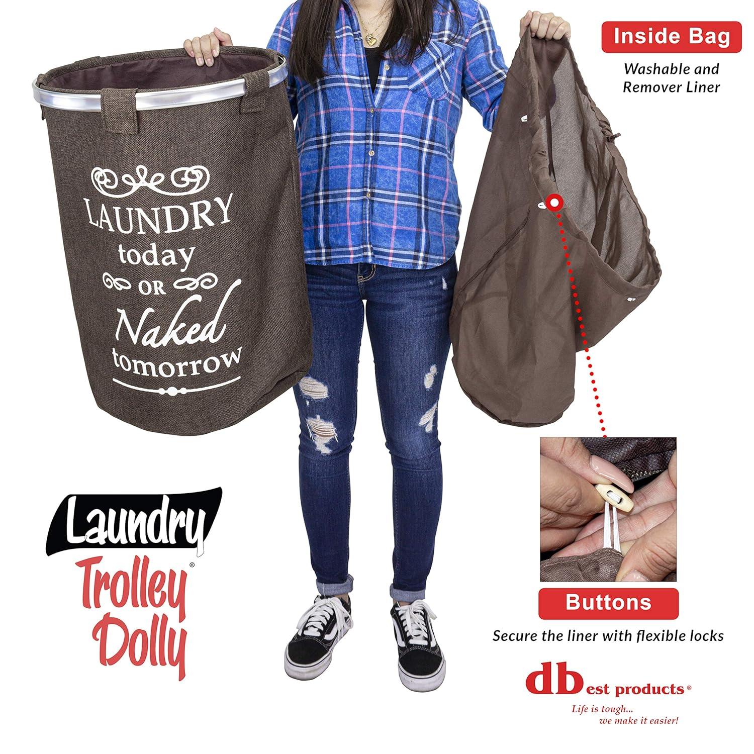 Brown Collapsible Round Laundry Hamper with Wheels and Faux Burlap
