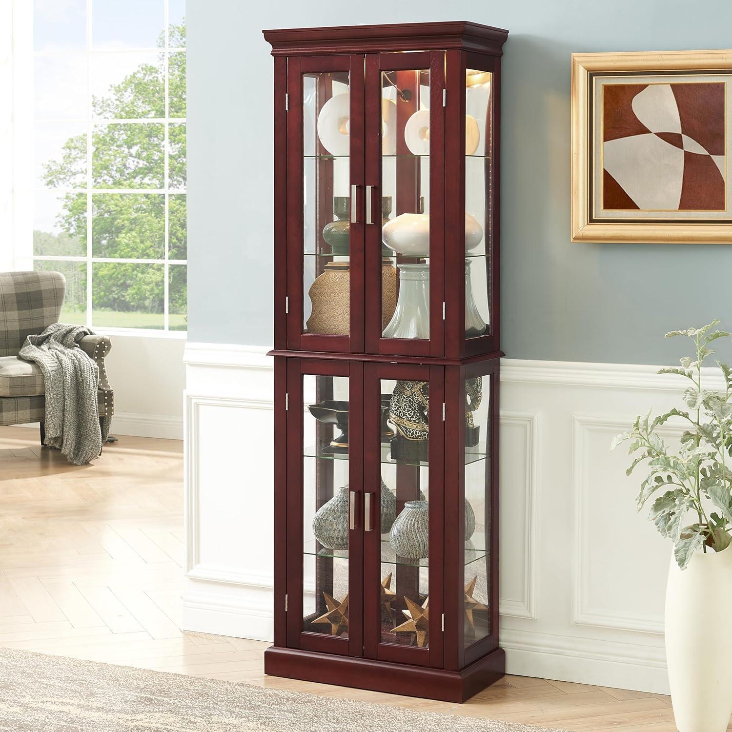 Cherry Lighted Curio Cabinet with Adjustable Shelves and Mirrored Back