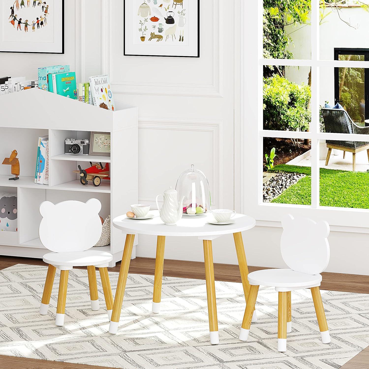 White and Natural Wood Kids Round Table with 2 Chairs