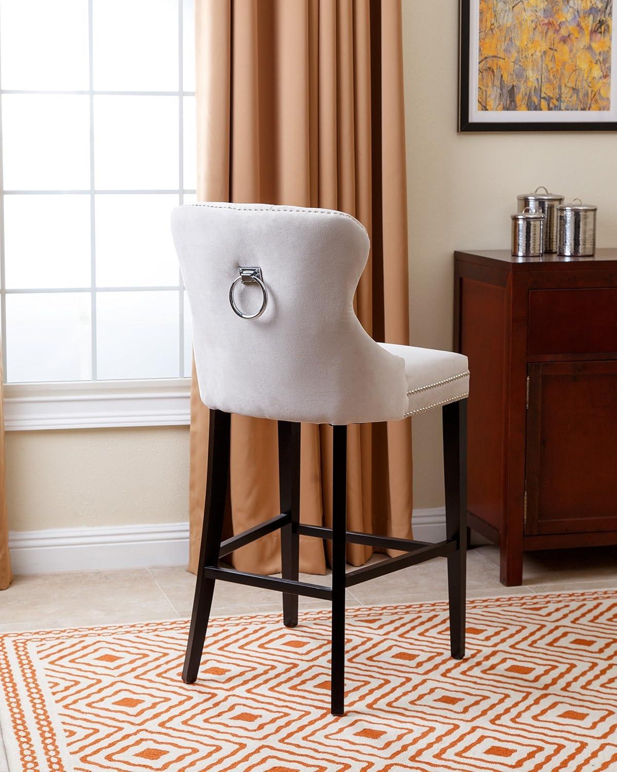 Elegant Gray Velvet & Wood High Back Bar Stool with Silver Nailhead Trim