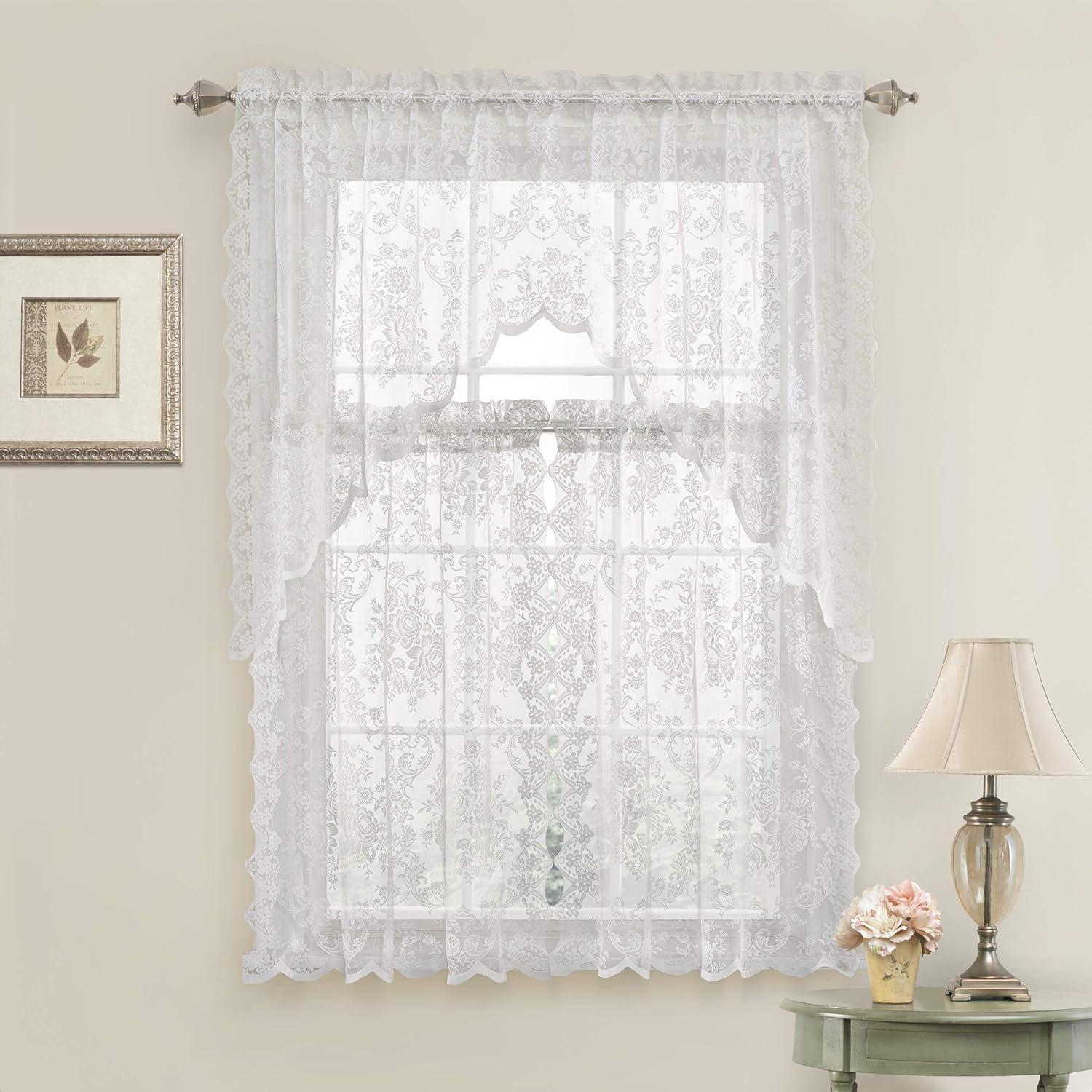 Kate Aurora Shabby Living Lena Floral Lace Complete Kitchen Curtain Tier & Swag Set - 58 in. W x 36 in. L, White