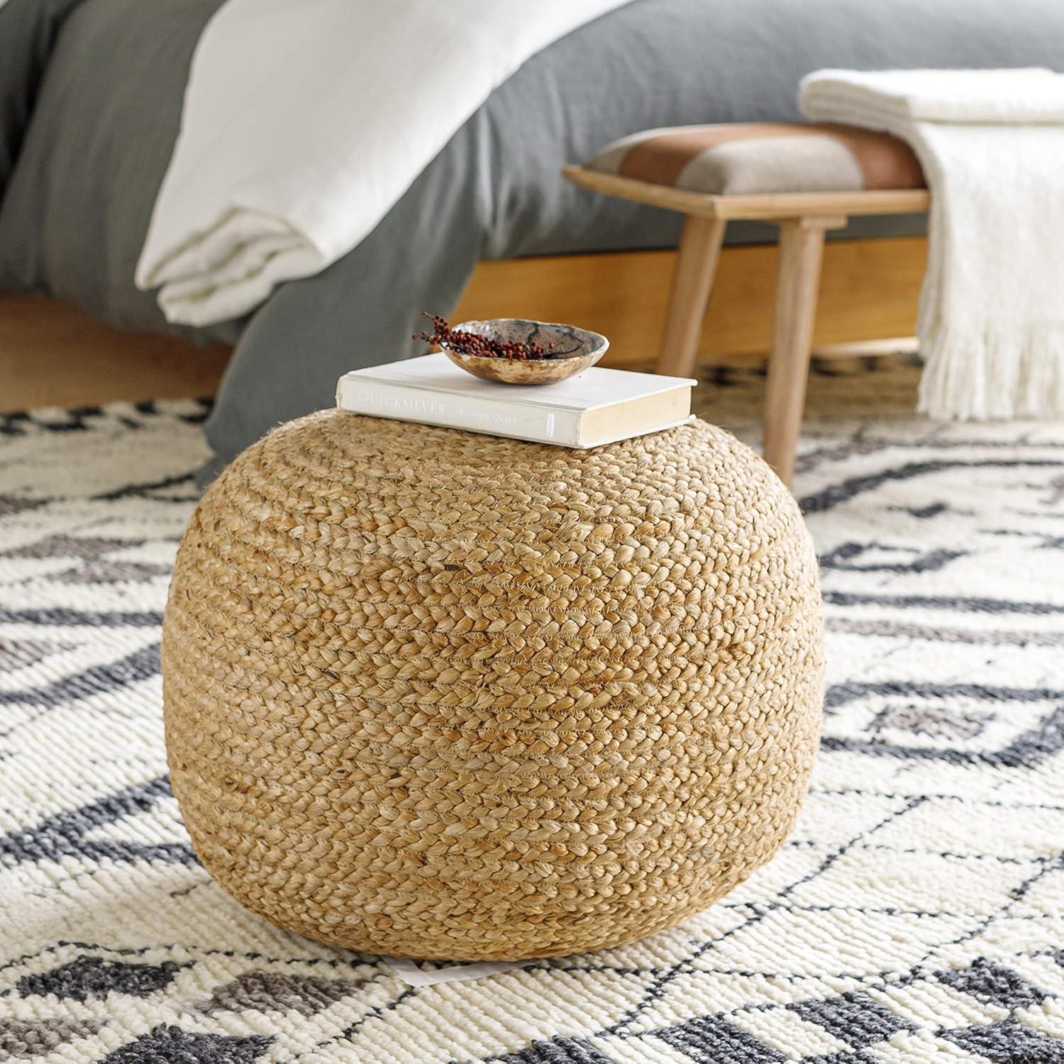 Ruiri Round Braided Jute Pouf, 20" Wheat