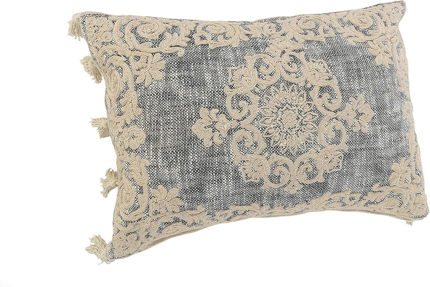 Gray and Beige Embroidered Rectangular Lumbar Pillow