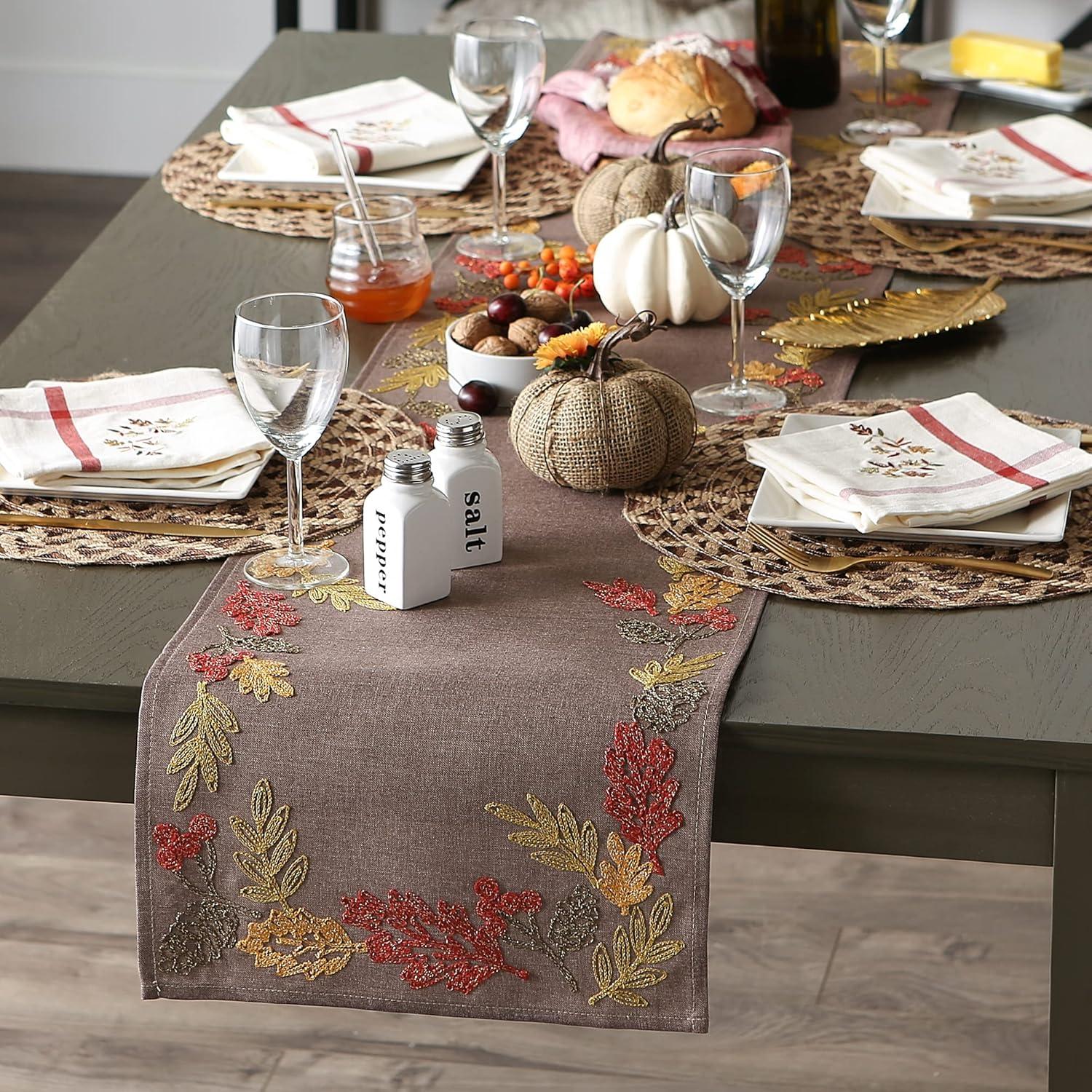 Shimmering Leaves Embroidered Table Runner 14x108"