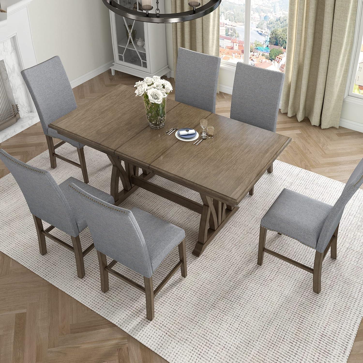 Wood 7-Piece Dining Table Set Extendable Kitchen Table Set with Upholstered Chairs