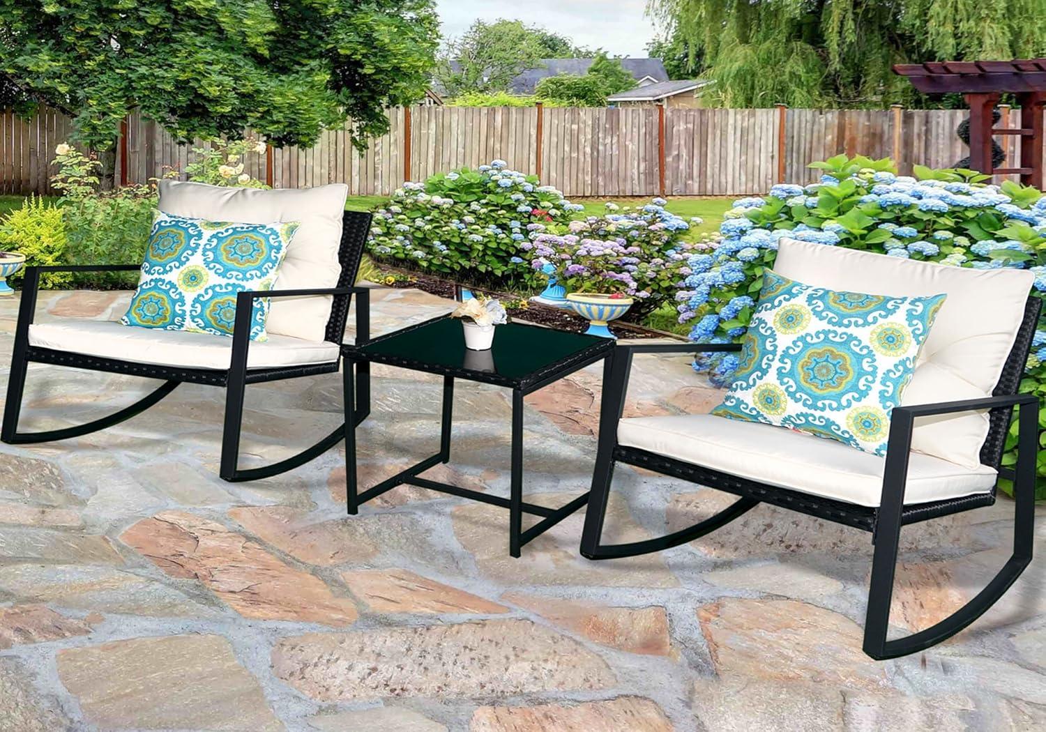 Mercury Row® Preciado 3 Piece Outdoor Patio Set With Cushions-Rocking Chair for Balcony, Lawn and Porch