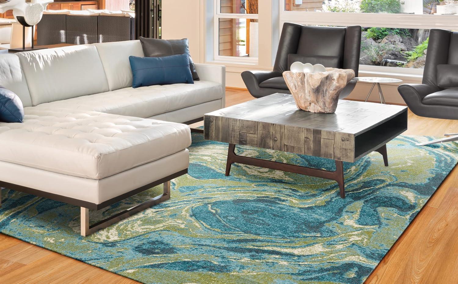 Small Blue Abstract Synthetic Stain-Resistant Rug