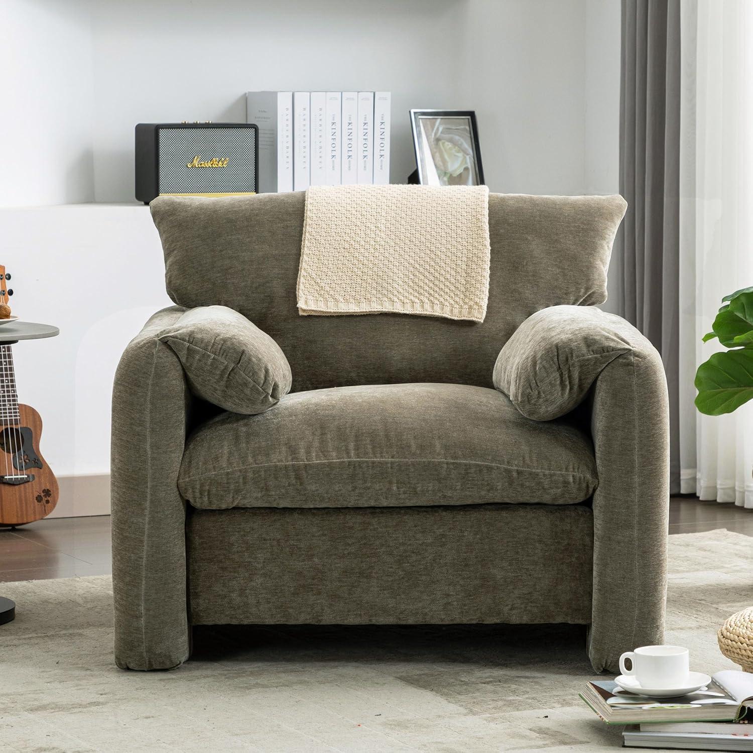 Oversized Red Chenille Barrel Accent Chair with Wood Frame