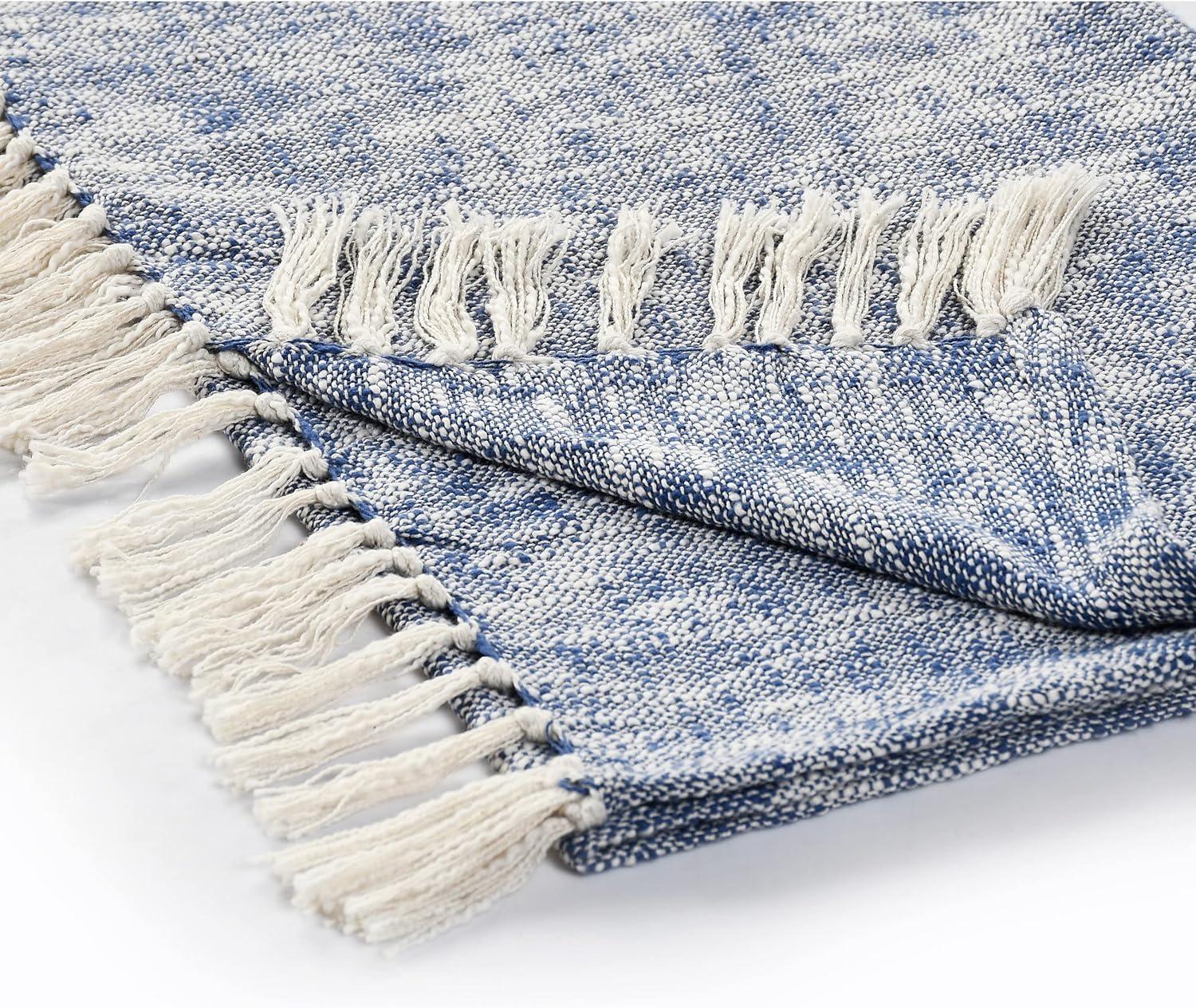 Navy Blue and Off-White Cotton Chambray Throw Blanket with Fringe