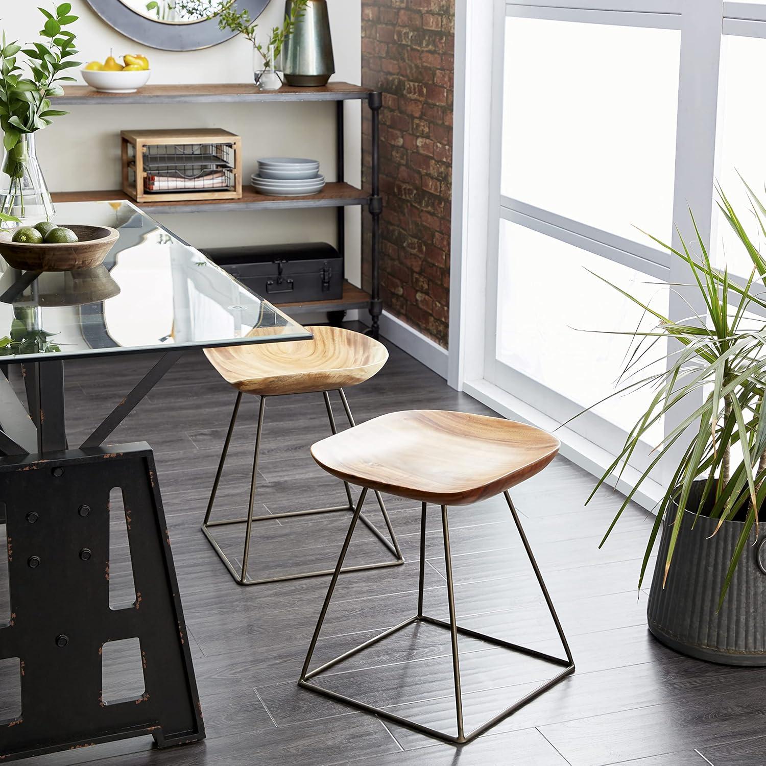 Rustic Brown Metal and Wood Backless Stool, 18"