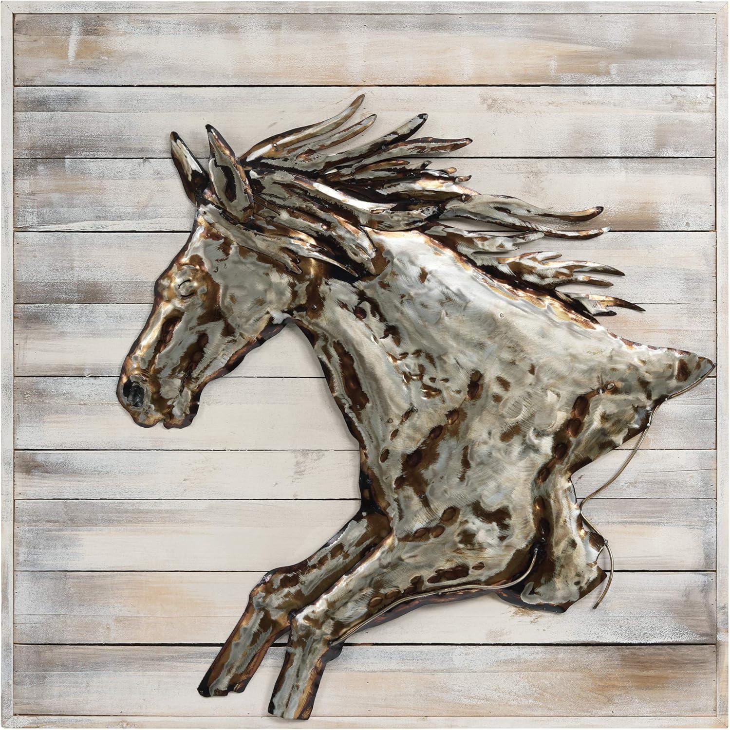 Golden Horse Hand Painted Iron and Wood Wall Sculpture