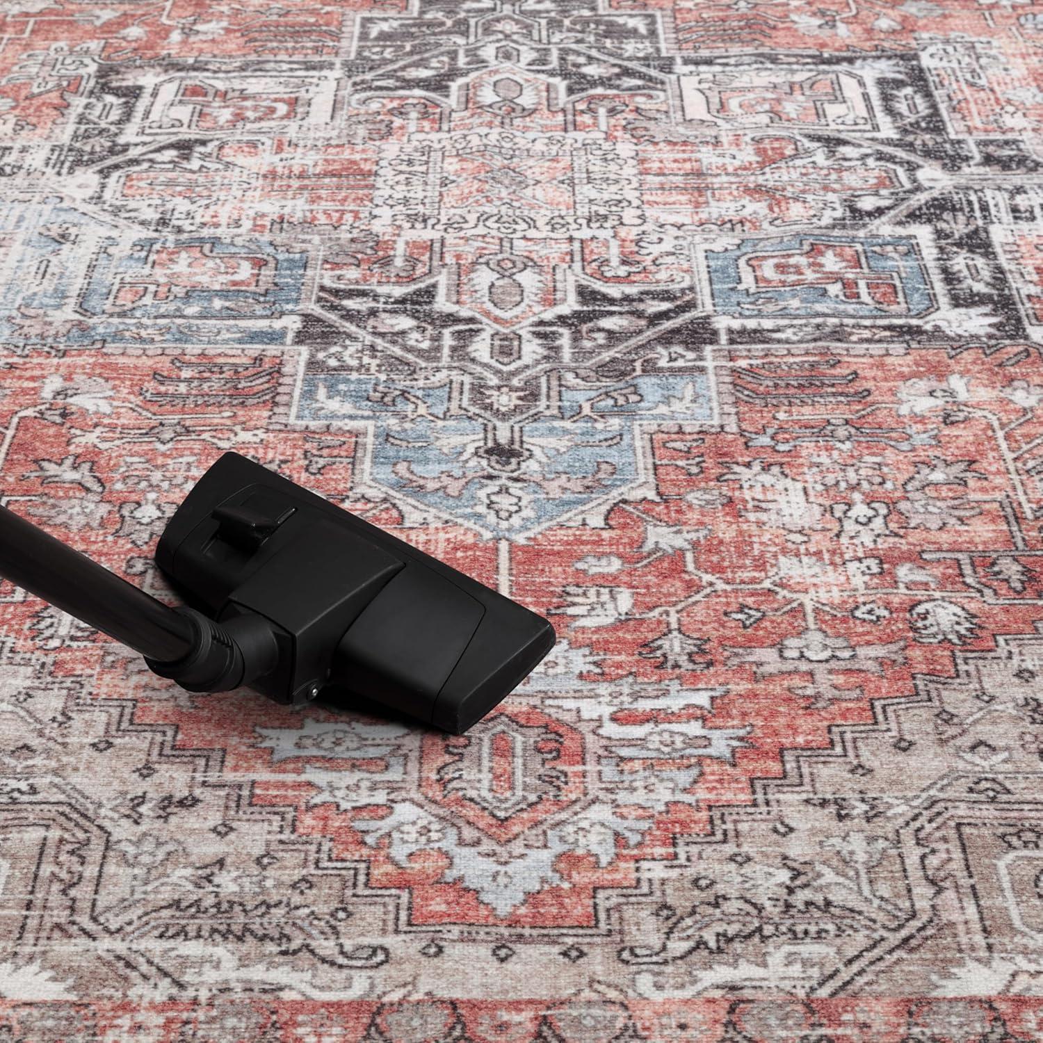 Machine Washable Thin Area Rug - Oriental Vintage Rust Red Kitchen, Bedroom, Hallway, Bathroom, and Entryway 3x5 Rugs - Stain and Water-Resistant - Non-Slip - Pet and Kid Friendly
