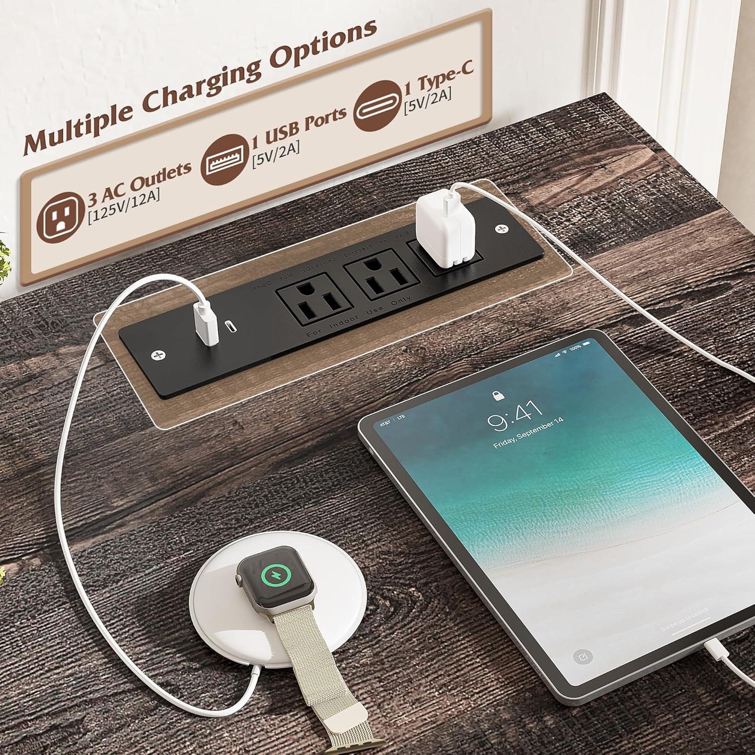 August Grove® 55'' W Computer Desk With Outlet, Farmhouse Executive Desk With 7 Drawers For Office Home