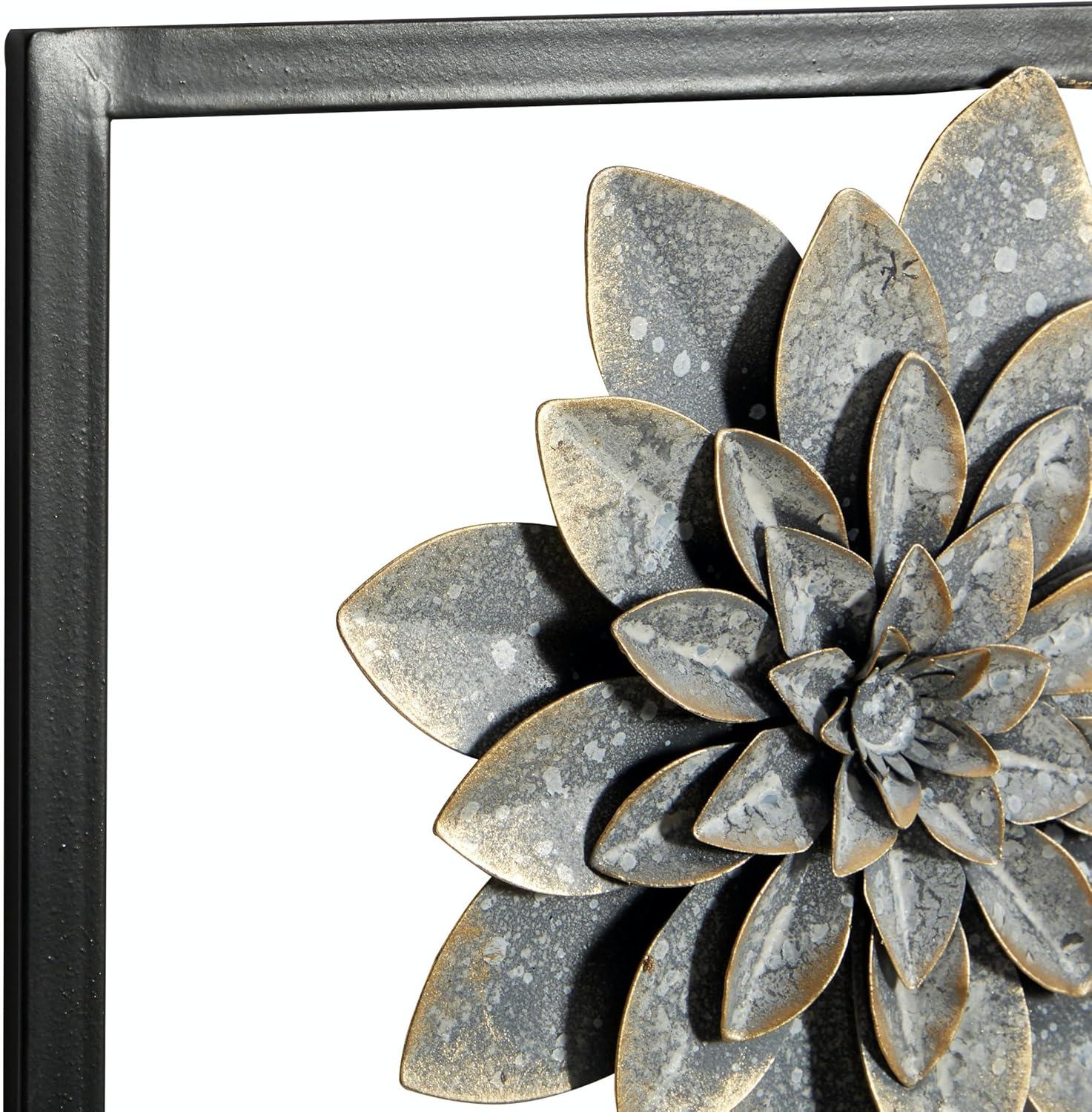 DecMode Gray Metal Floral Wall Decor with Black Frame (2 Count)