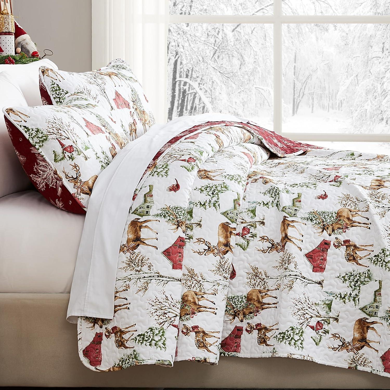 White and Red Reversible Christmas Twin Microfiber Quilt Set