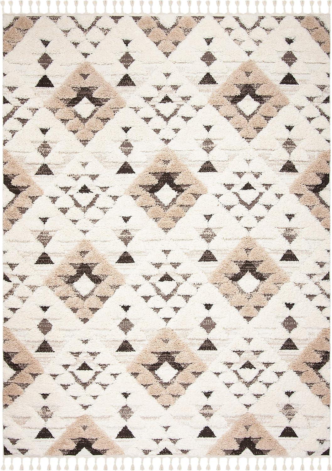 SAFAVIEH Moroccan Tassel Shag Larry Moroccan Geometric Area Rug, Ivory/Brown, 8' x 10'