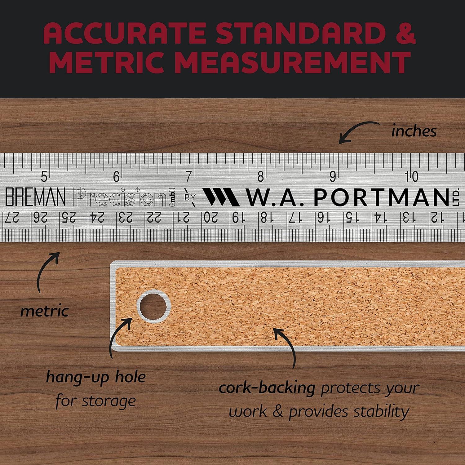 Breman Precision Metal Ruler 36 Inch - Stainless Steel Cork Back Metal Ruler - Premium Steel Straight Edge 36 inch Metal Ruler - Flexible Stainless Steel Ruler - Imperial and Metric Ruler