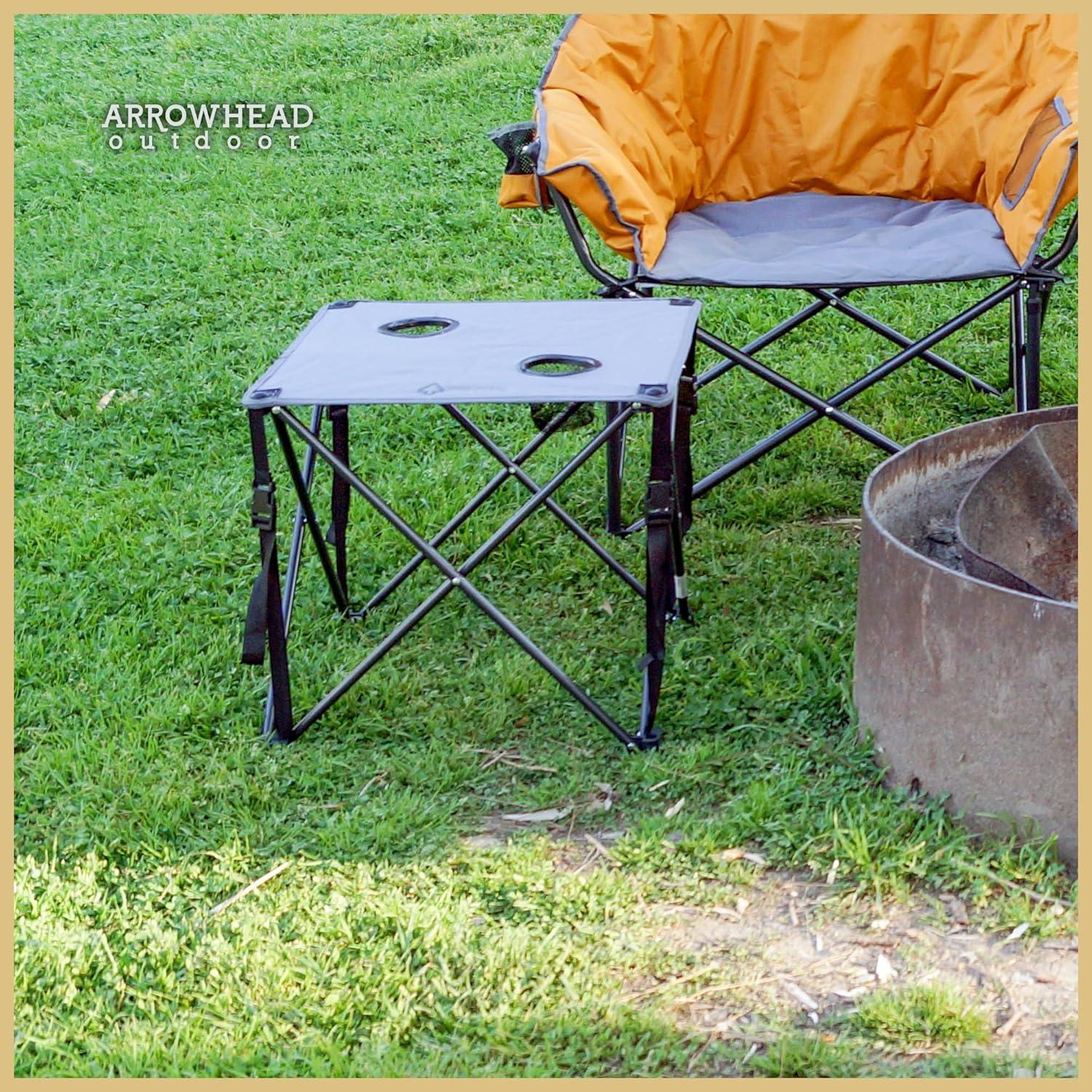 ARROWHEAD OUTDOOR 26” (66cm) Heavy-Duty Portable Camping Folding Table, 2 Cup Holders, Compact, Square, Carrying Case Included, Steel Frame, High-Grade 600D Canvas, USA-Based Support (Grey)