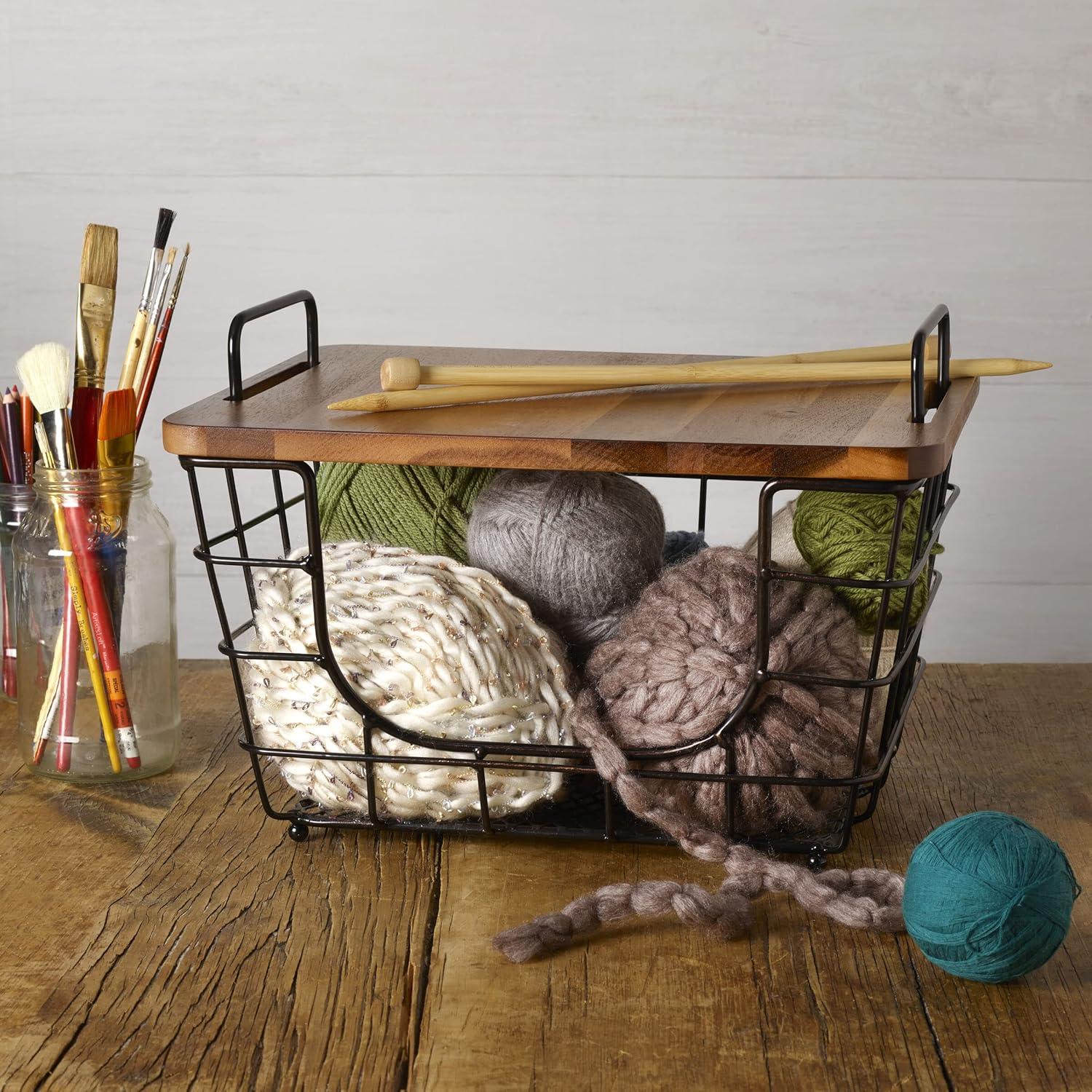 Gourmet Basics by Mikasa Madam Metal Stacking/Nesting Rectangular Basket with Acacia Lid, Antique Black