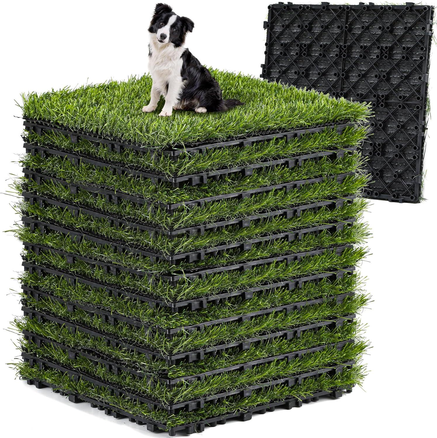 12-Pack Green Artificial Grass Turf Panels with Interlocking System