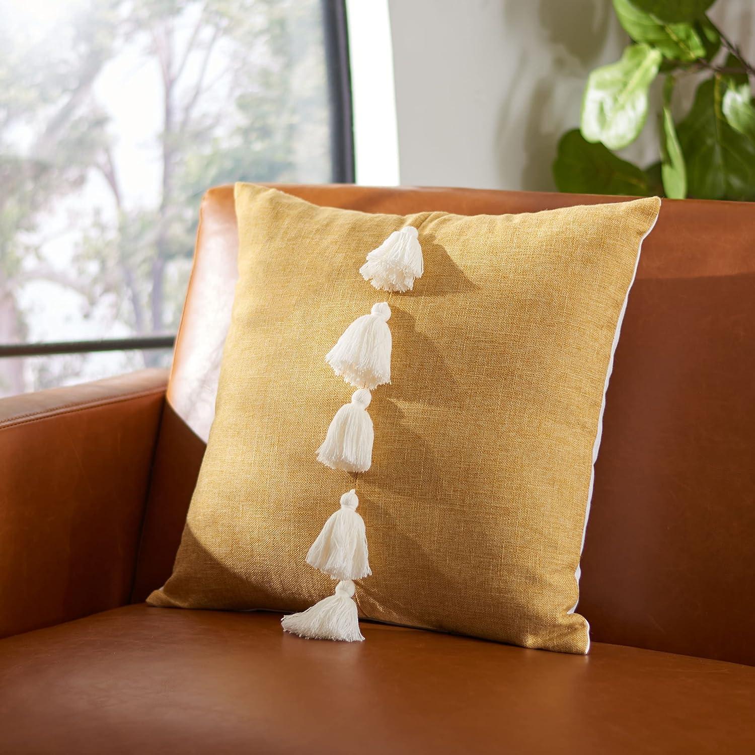 Sand Yellow Square Pillow with Tassels, 18 x 18 inches