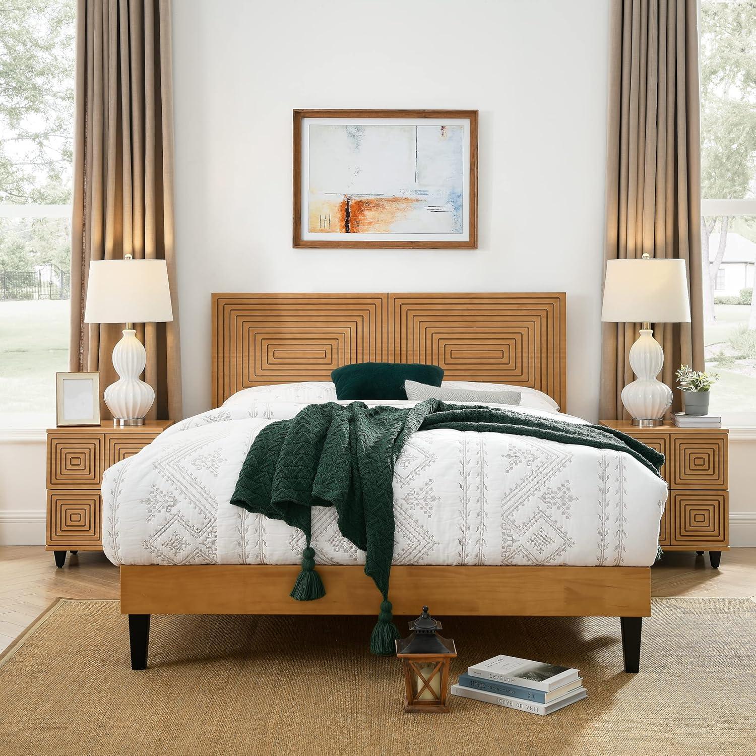 MUSEHOMEINC Solid Wood Queen Size Bed Frame with Adjustable Height Headboard, Mid Century Modern Style, Mattress Foundation with Wooden Slat Support,No Box Spring Needed,Easy Assembly (Queen)