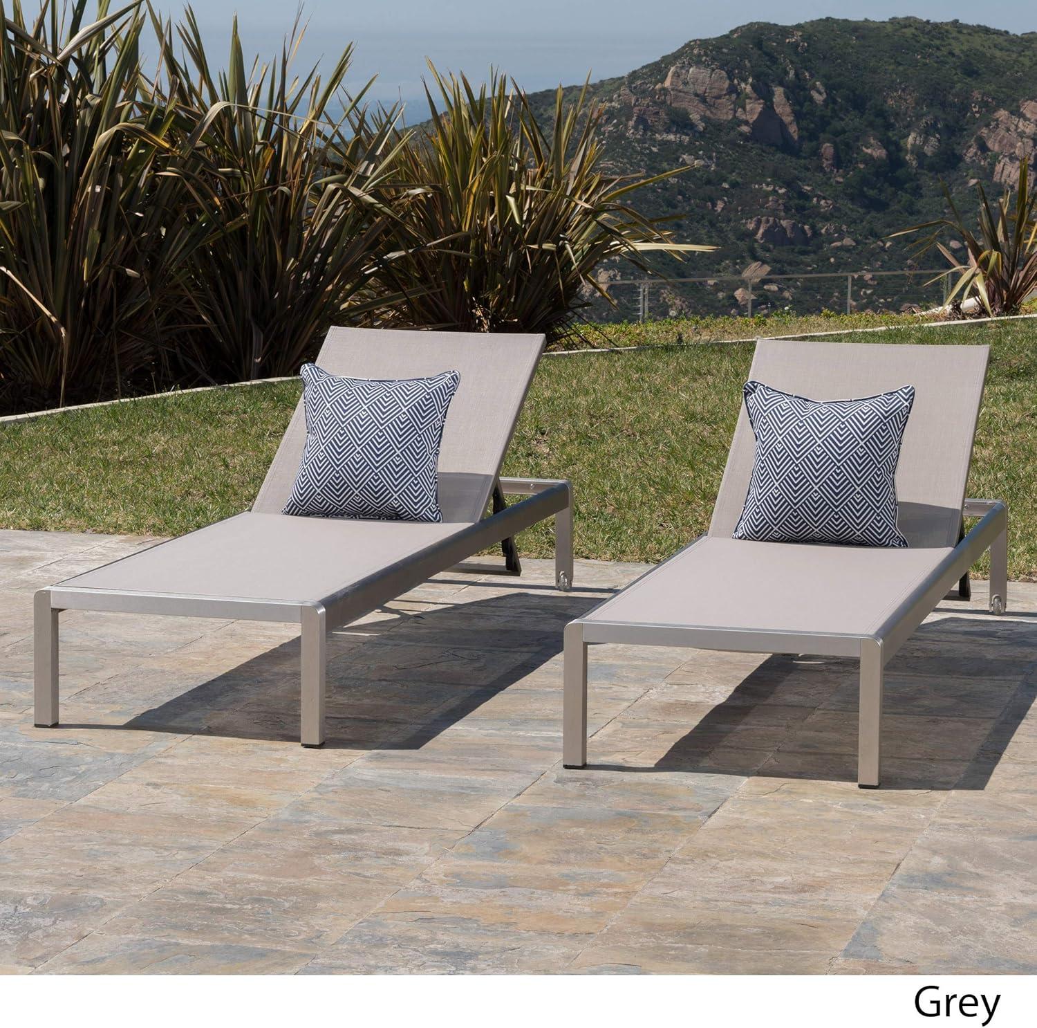 GDF Studio Crested Bay Outdoor Mesh and Aluminum Armless Adjustable Chaise Lounges, Gray and Silver, Set of 2