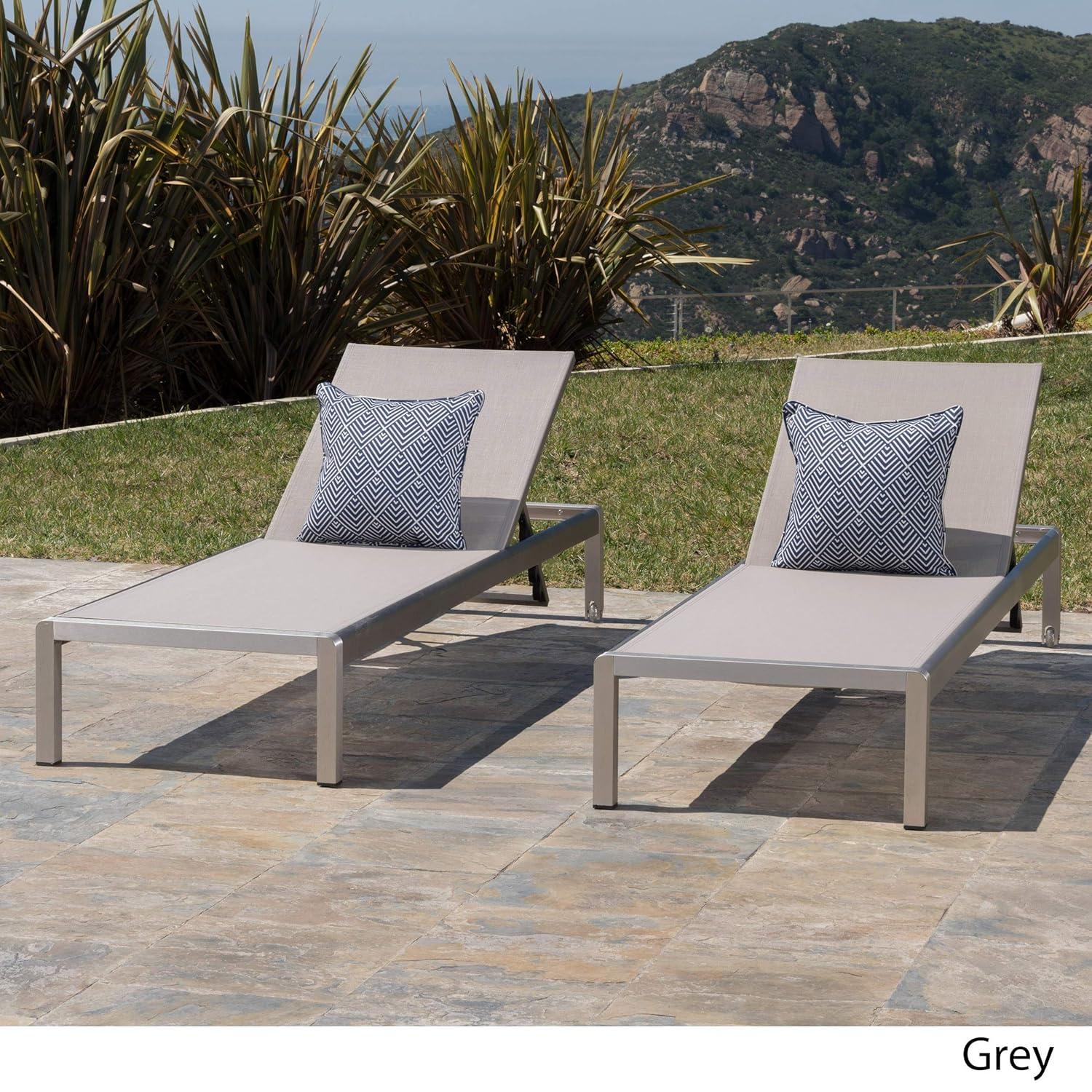 GDF Studio Crested Bay Outdoor Mesh and Aluminum Armless Adjustable Chaise Lounges, Gray and Silver, Set of 2
