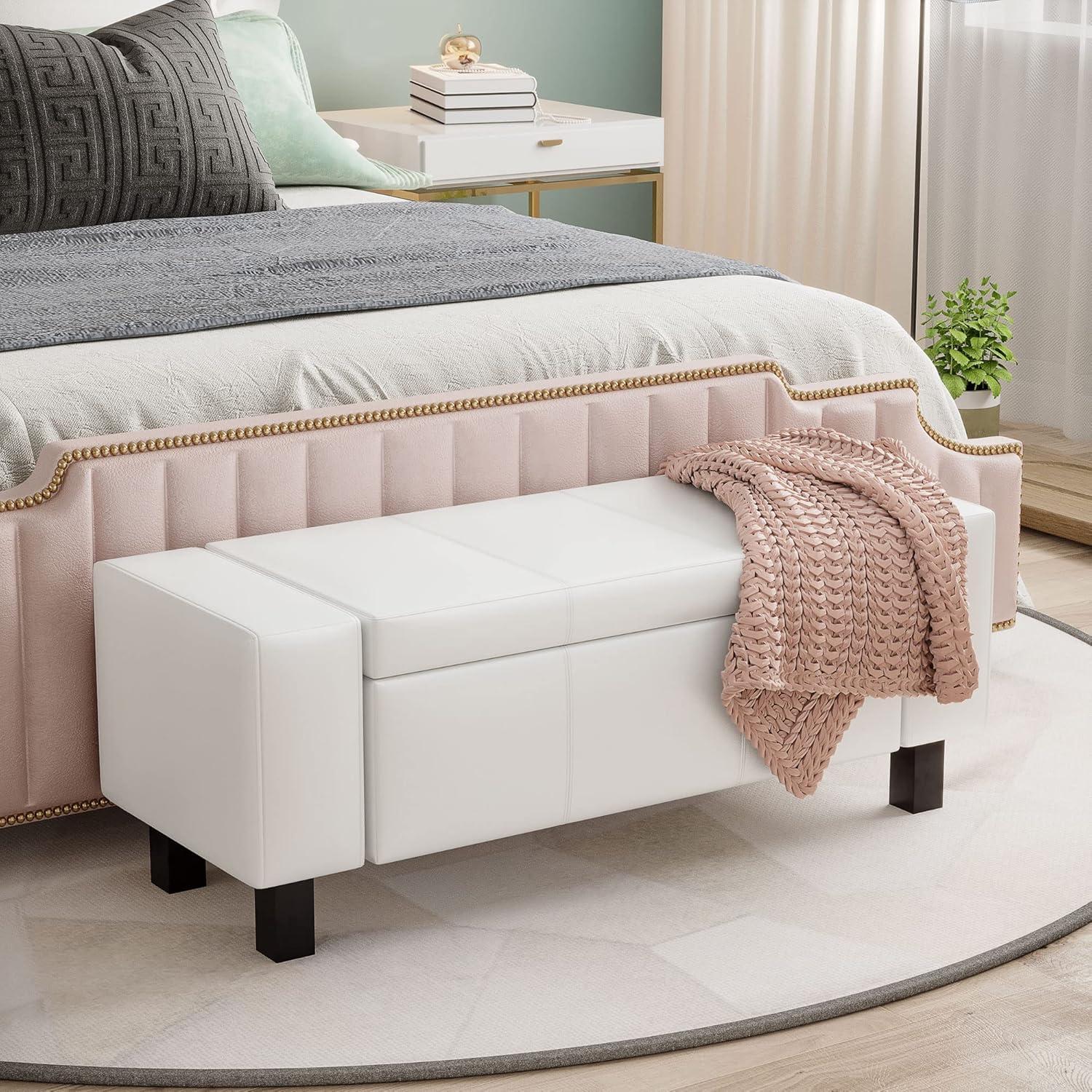 CCBIUOMBO 42\u201D Faux Leather  Ottoman Bench Organizer Chest Rectangular Footstool with Hinged Lid for Living Room  Entryway  or Bedroom - Cream White