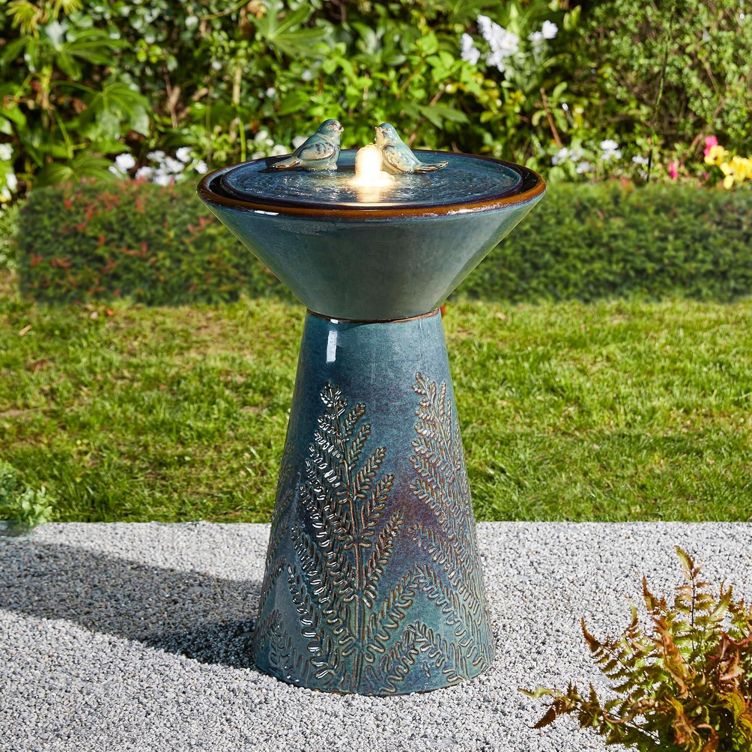 Glitzhome 27.5" Fountain with Pump and LED Light Embossed Pedestal Ceramic Bird Bath, Turquoise