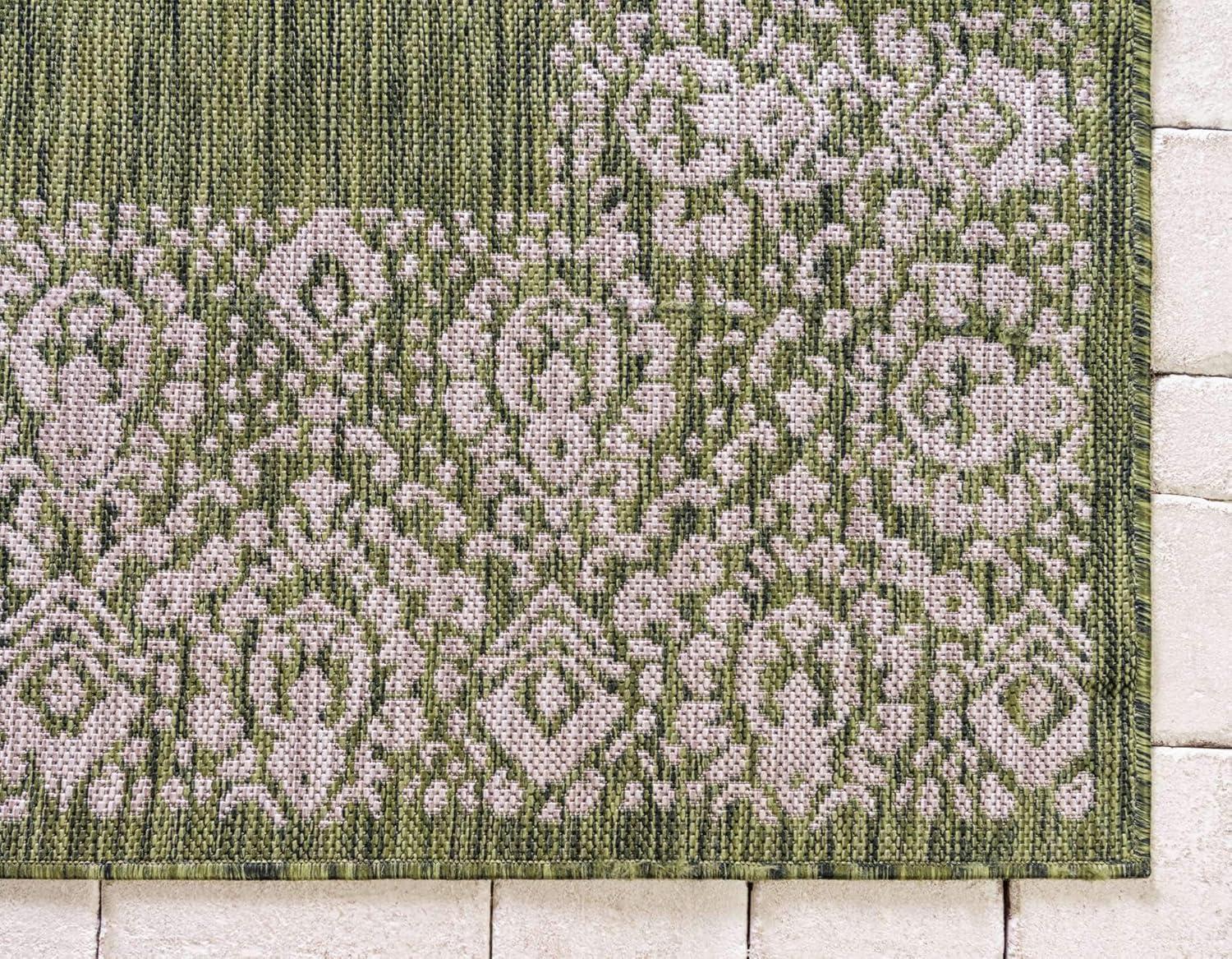 Unique Loom Outdoor Border Collection Area Rug - Floral Border (9' x 12' Rectangle Green/Ivory)