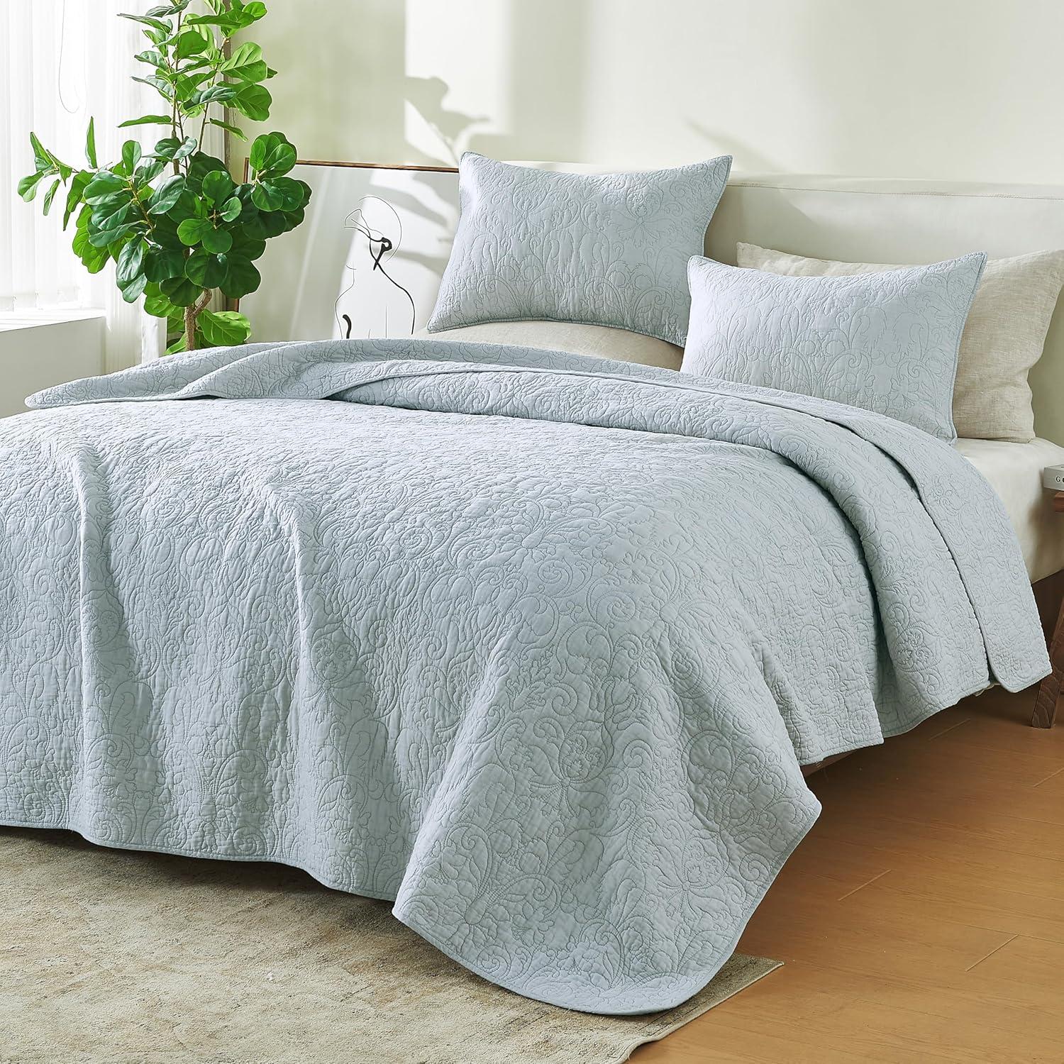 Vintage Comfort 100% Cotton Stitched 3 Piece Quilt Set with Shams, Full / Queen