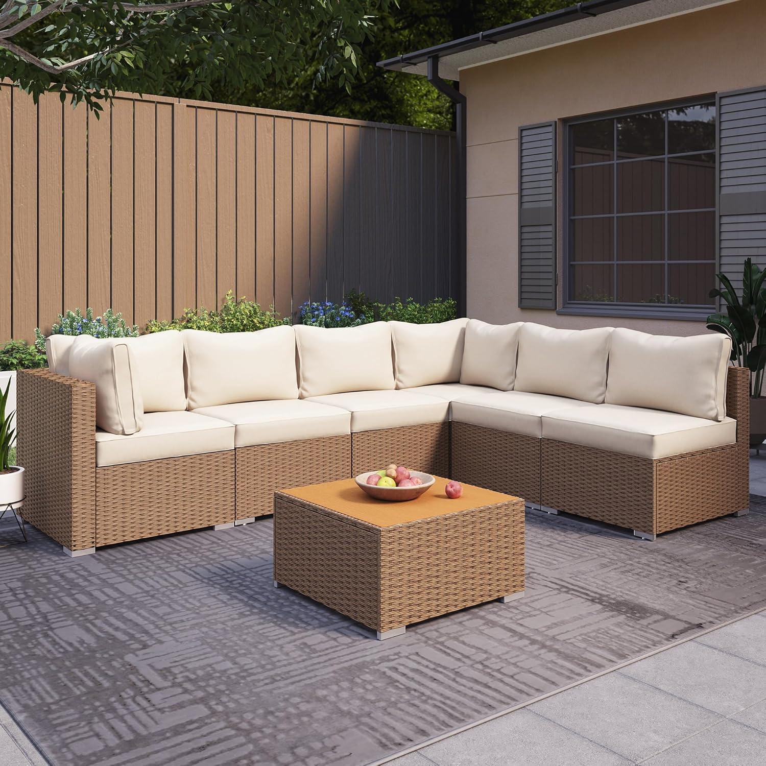 Beige Cushioned 7-Piece Brown Wicker Outdoor Sectional Set