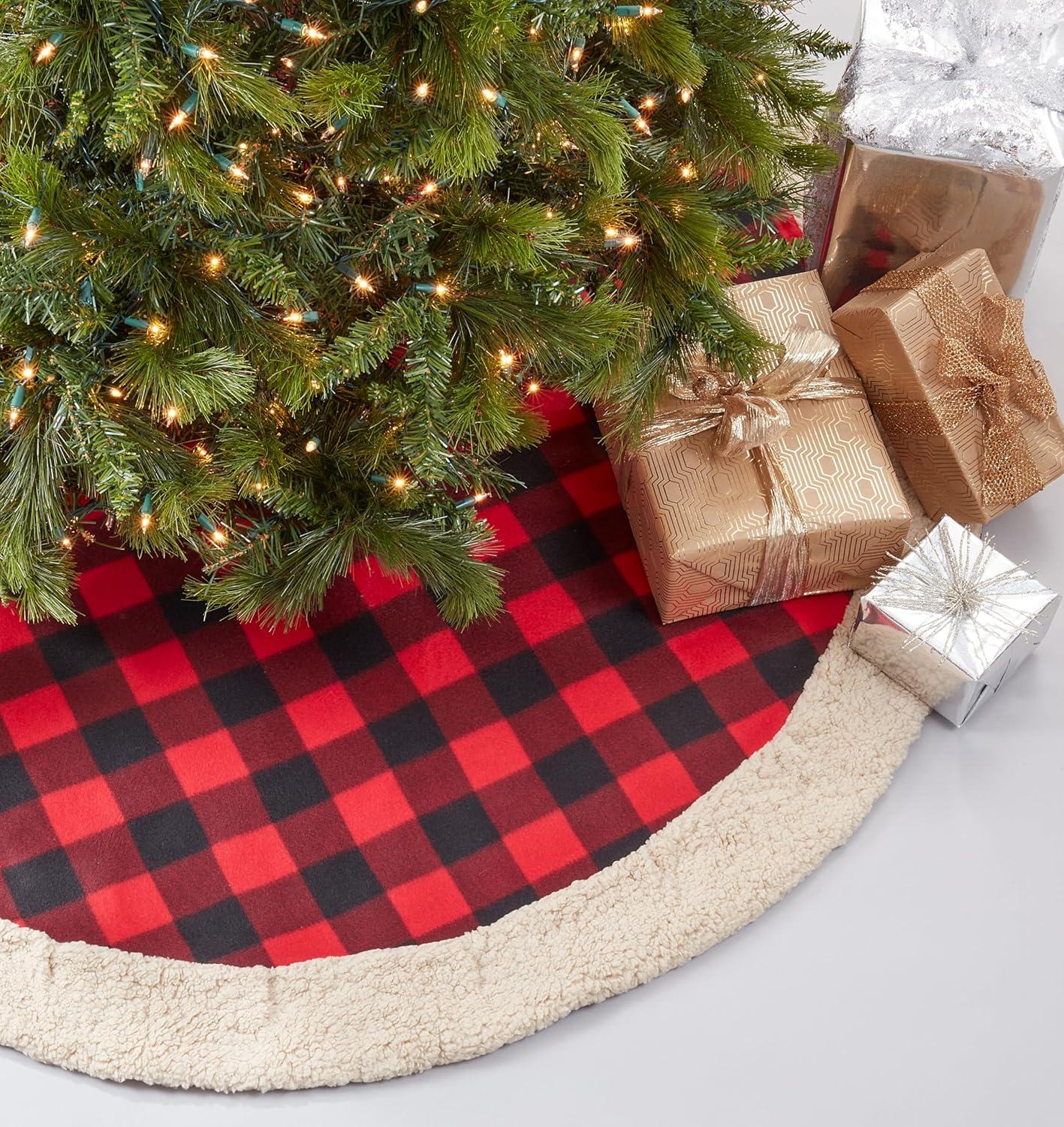 Saro Lifestyle Classic Red And Black Buffalo Plaid Tree Skirt With Sherpa Trim 72"x72"