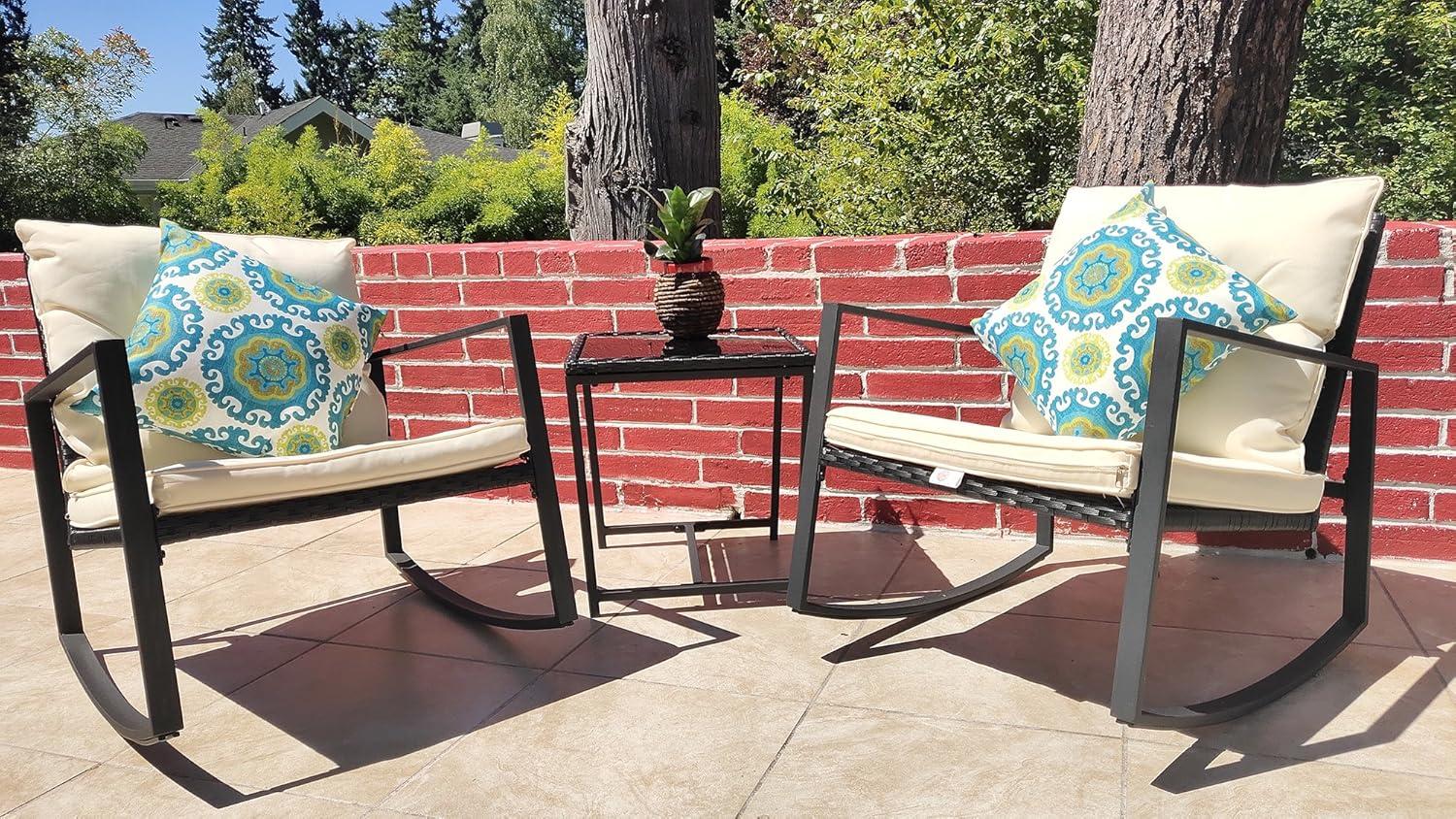 Mercury Row® Preciado 3 Piece Outdoor Patio Set With Cushions-Rocking Chair for Balcony, Lawn and Porch