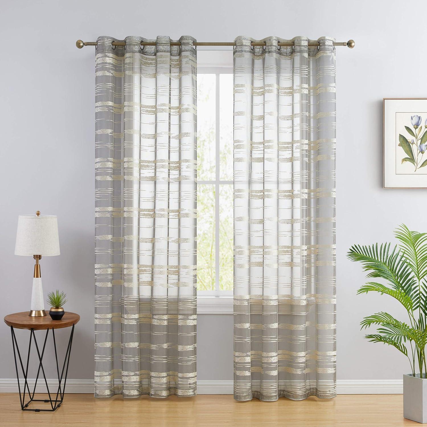 HLC.ME Broadway Stripe Decorative Semi Sheer Light Filtering Grommet Window Treatment Curtain Panels - Set of 2 - Beige, 54 W x 84 L