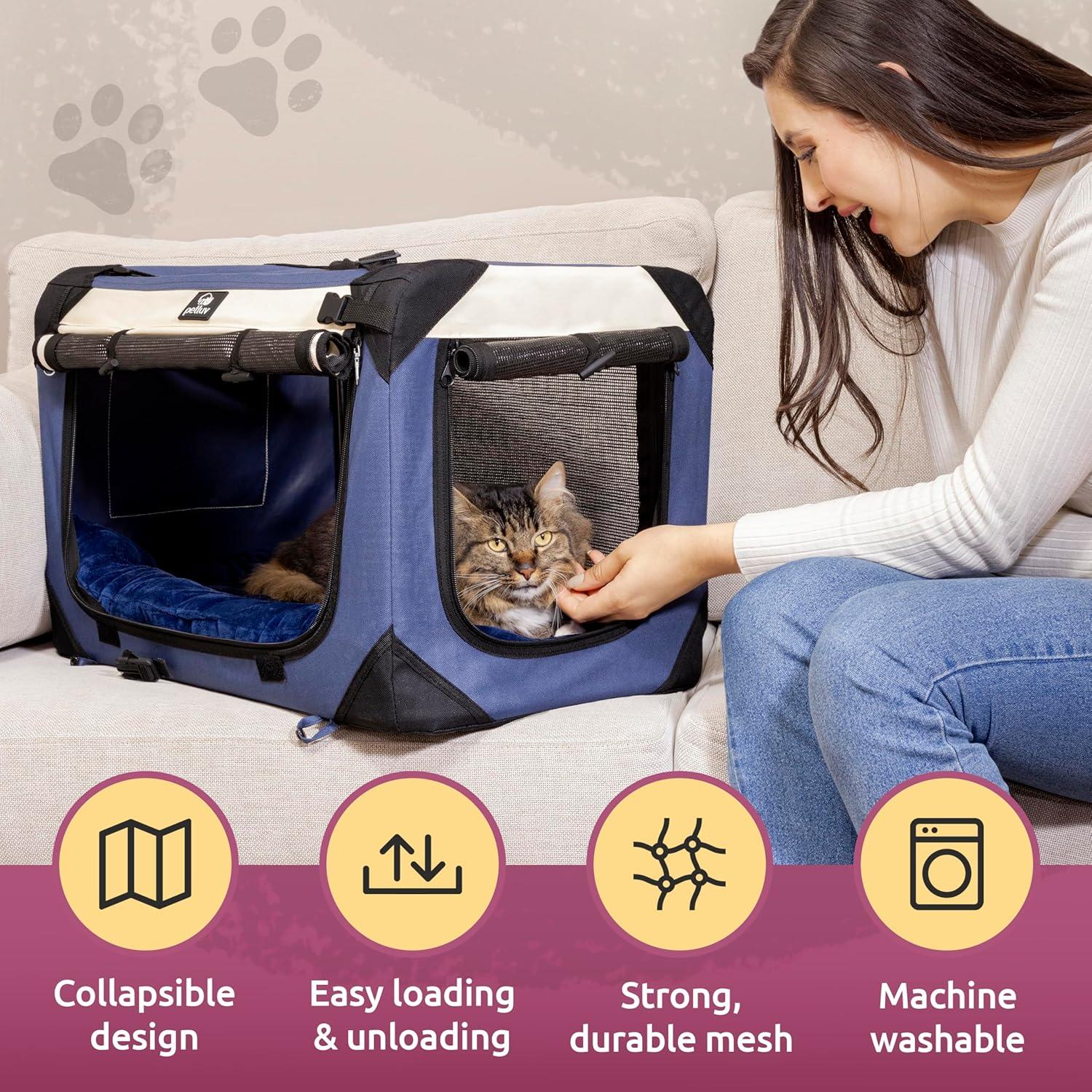 PetLuv Cat & Dog Carrier Foldable Pet Travel Crate, Removable Plush Pillow, Privacy Windows, Locking Zippers, Pocket, Seatbelt Straps, Medium Red